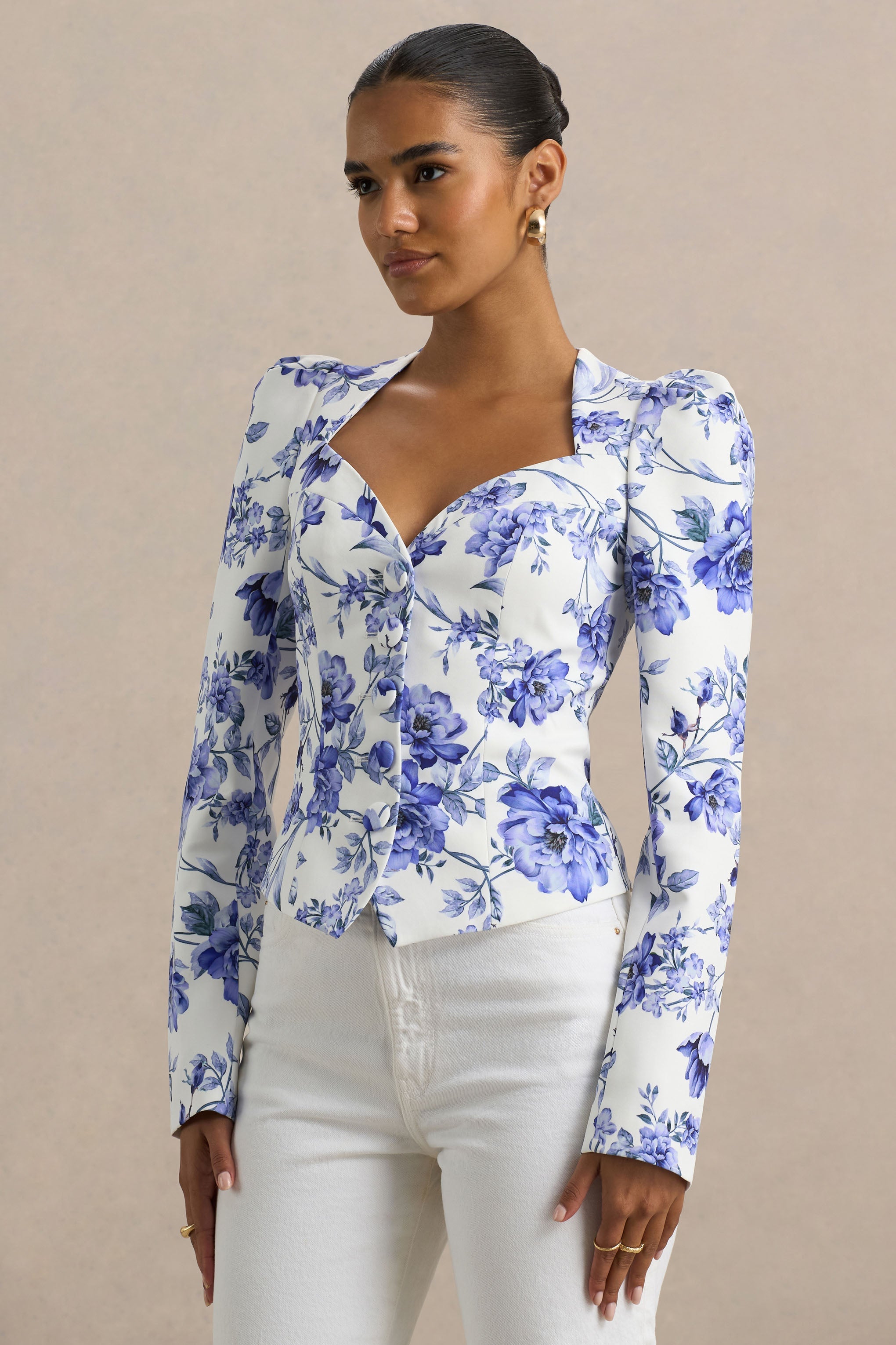 Olympia | Blue Floral Print Sweetheart-Neck Tailored Top