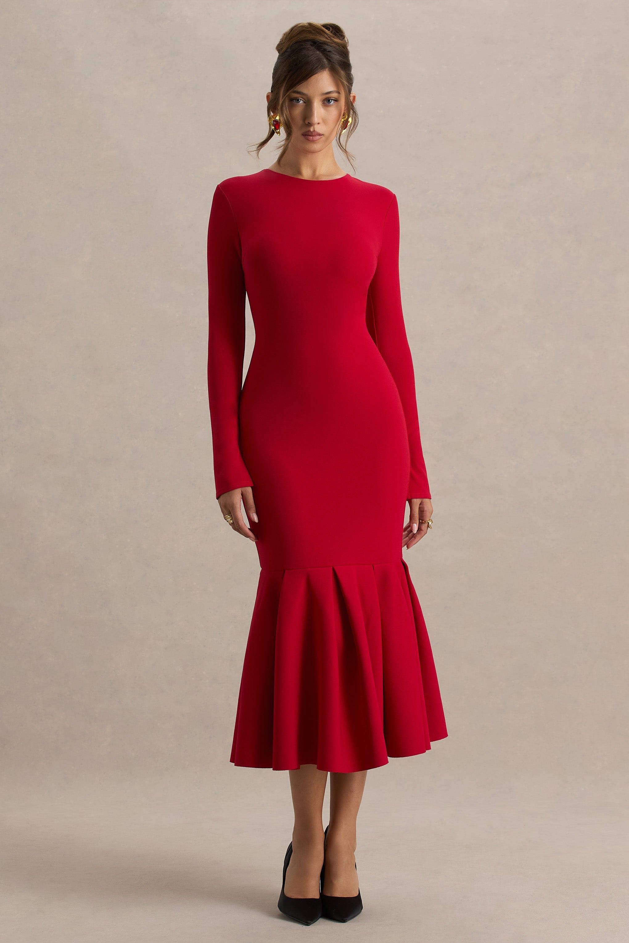 Liberty | Red High Neck Mermaid Midi Dress With Ruffling Detail
