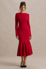 Liberty | Red High Neck Mermaid Midi Dress With Ruffling Detail