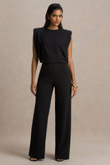 Tiff | Black Crew-Neck Jumpsuit With Draped Detailing