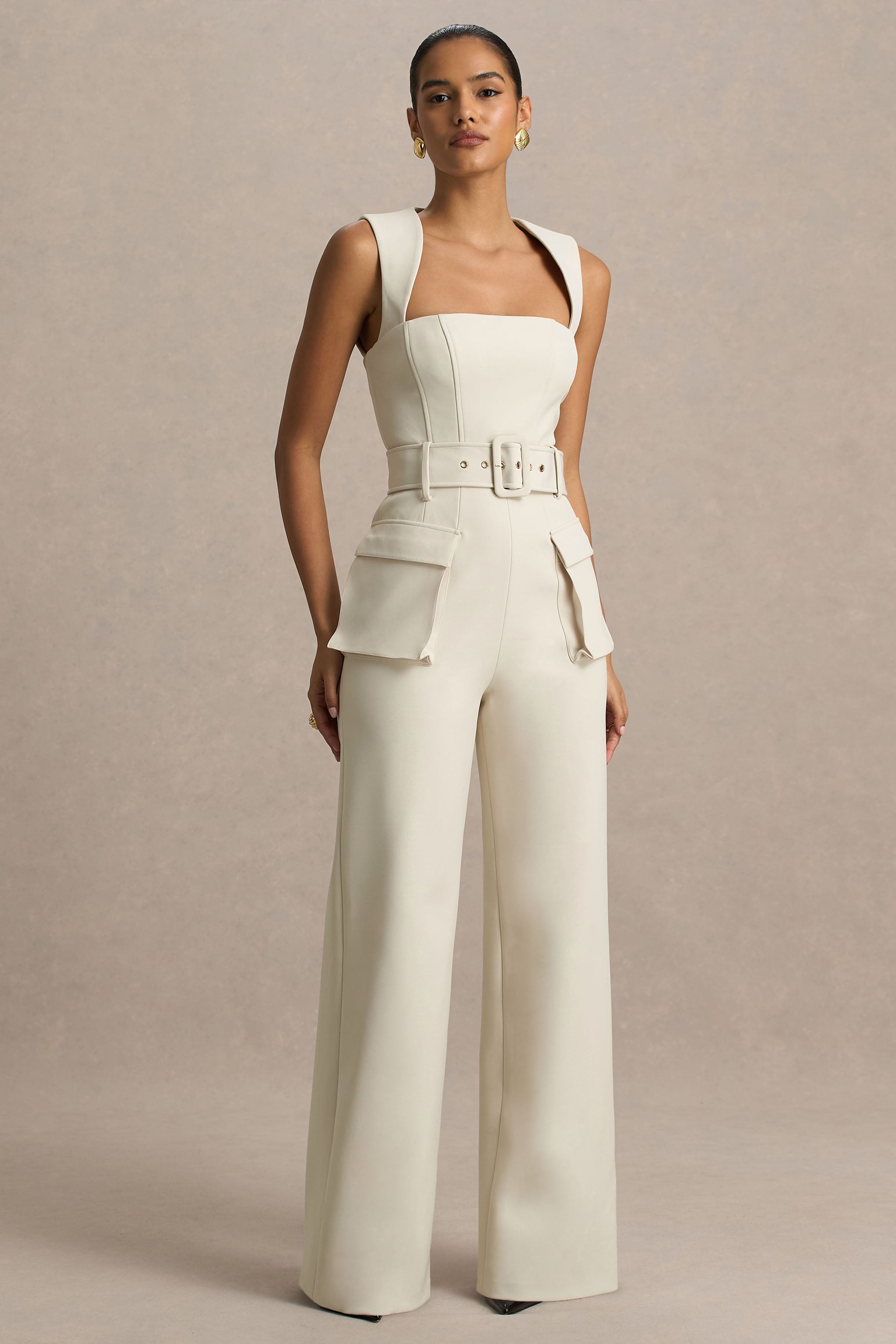 Solice | Cream Square-Neck Tailored Jumpsuit