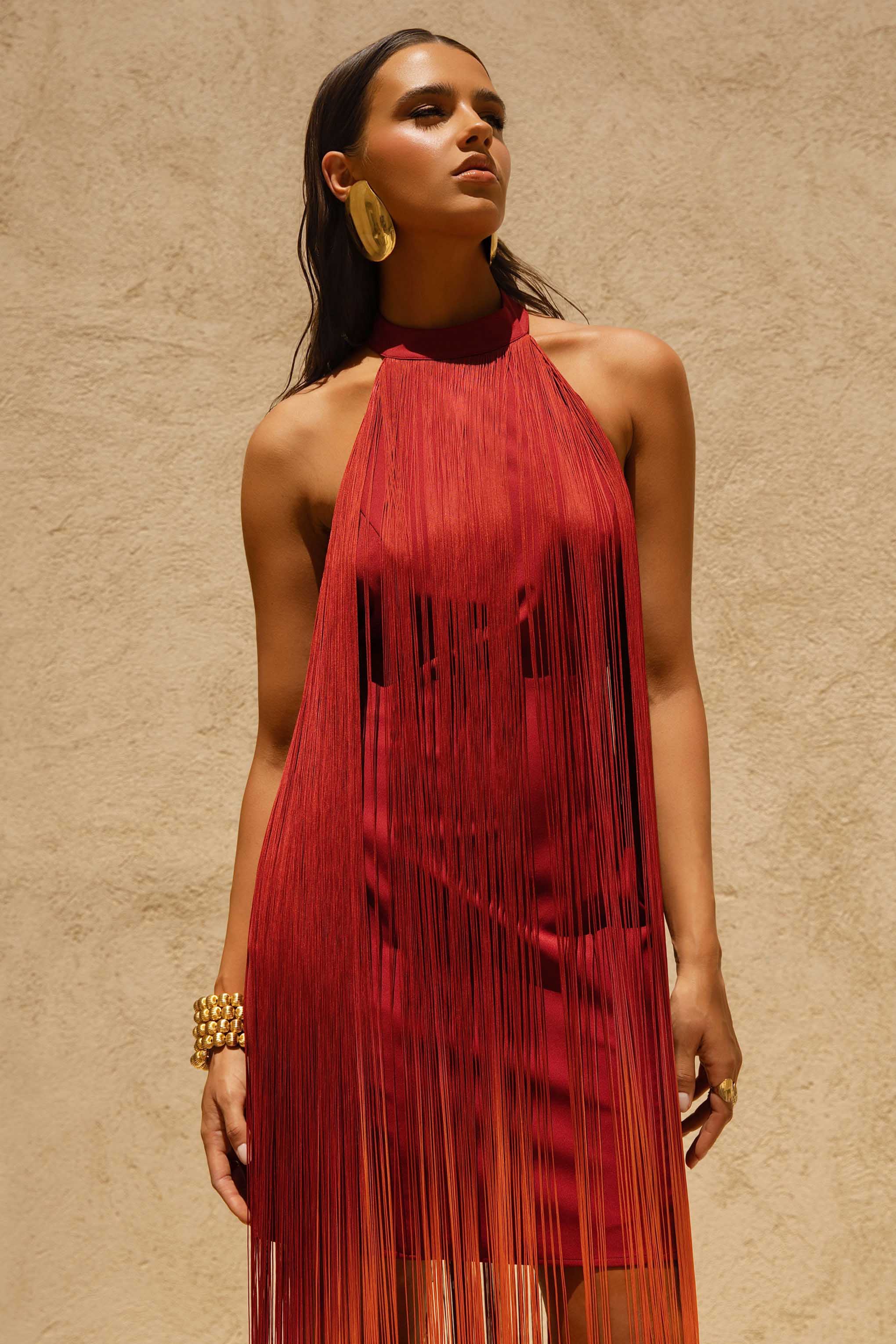 Alessia | Orange Ombre Fringe High-Neck Maxi Dress