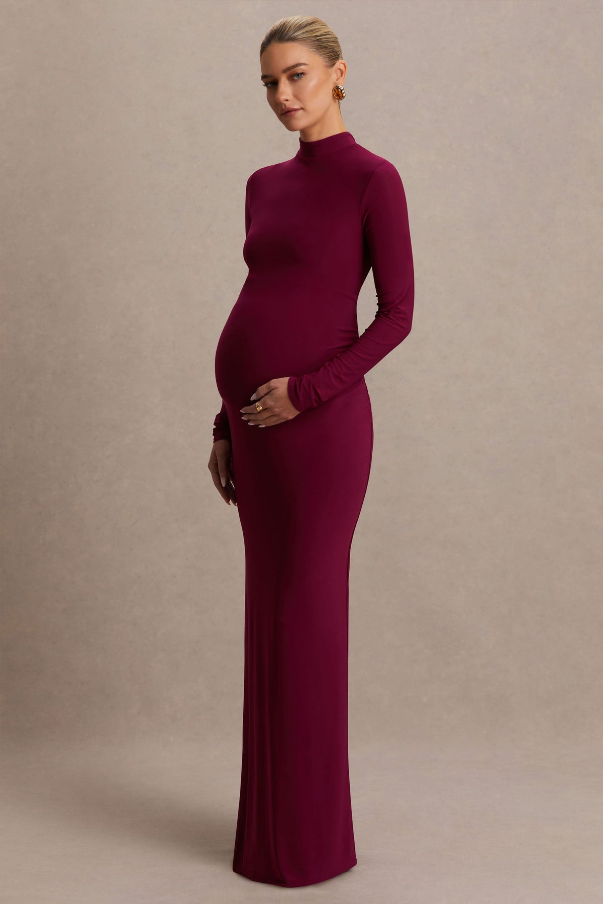 Alejandra | Burgundy Maternity Long Sleeve High Neck Maxi Dress