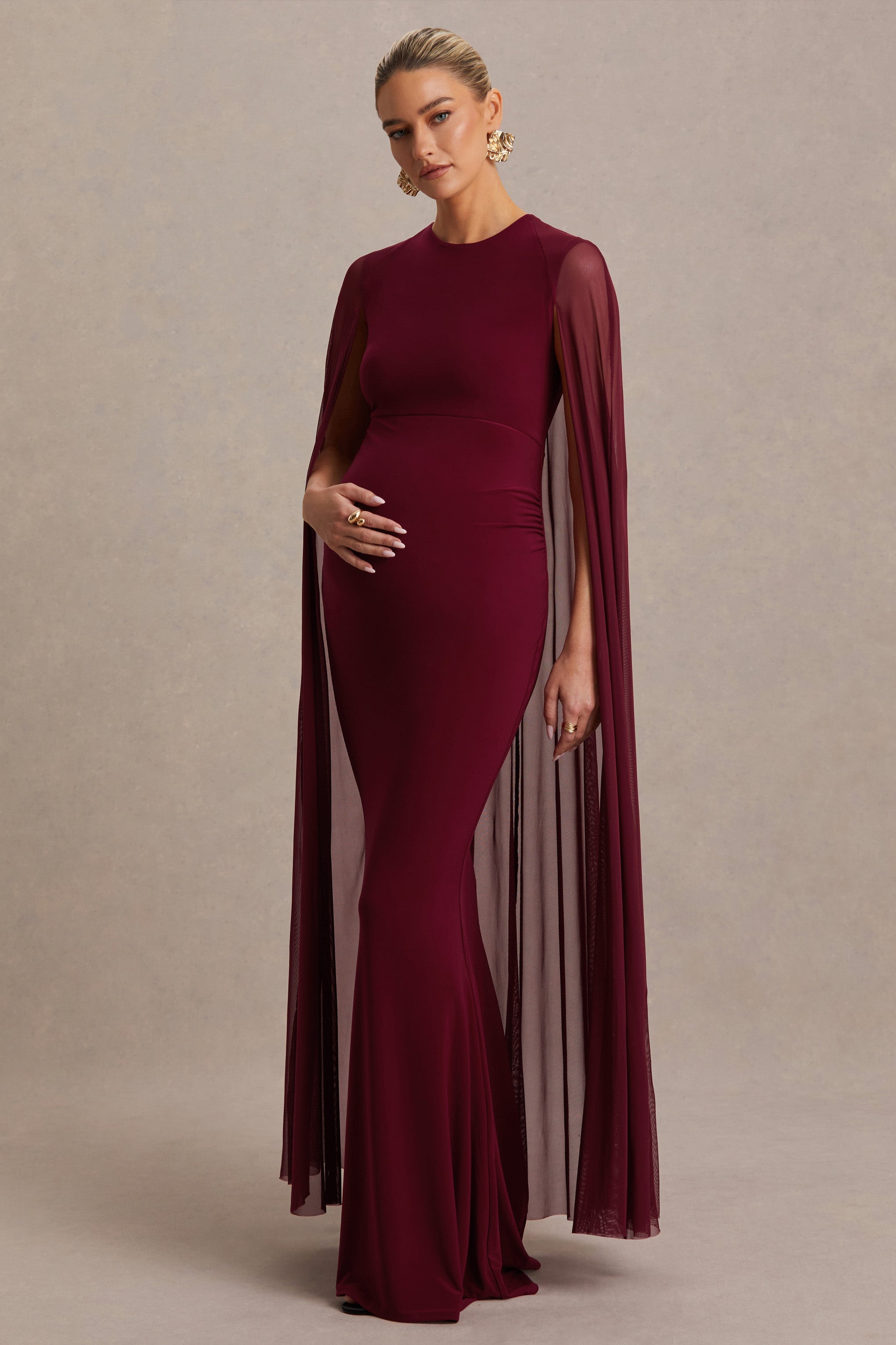 Currant | Berry High-Neck Maternity Maxi Dress With Cape