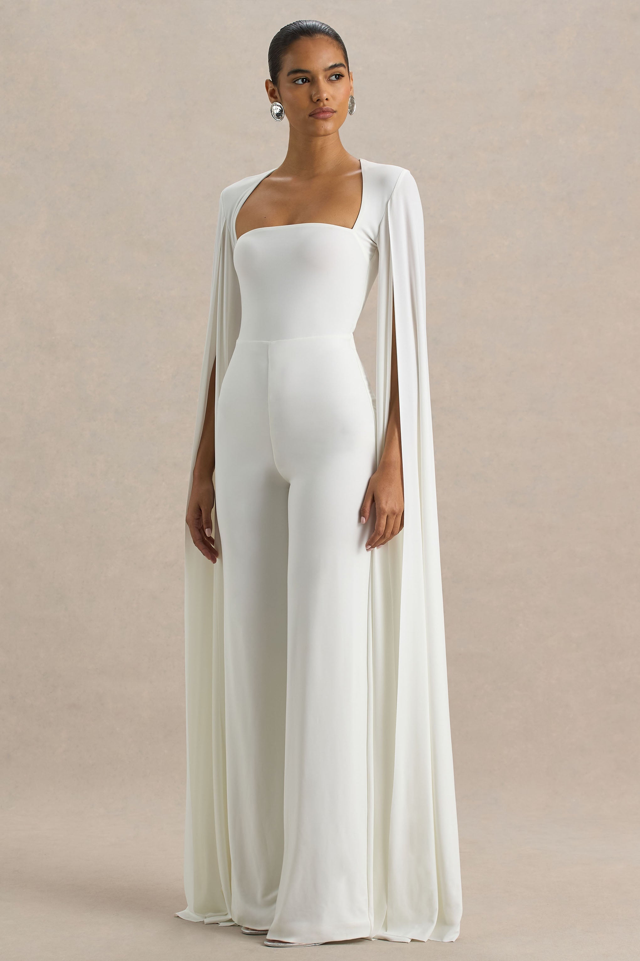 Zara | White Square-Neck Jumpsuit With Cape Sleeves