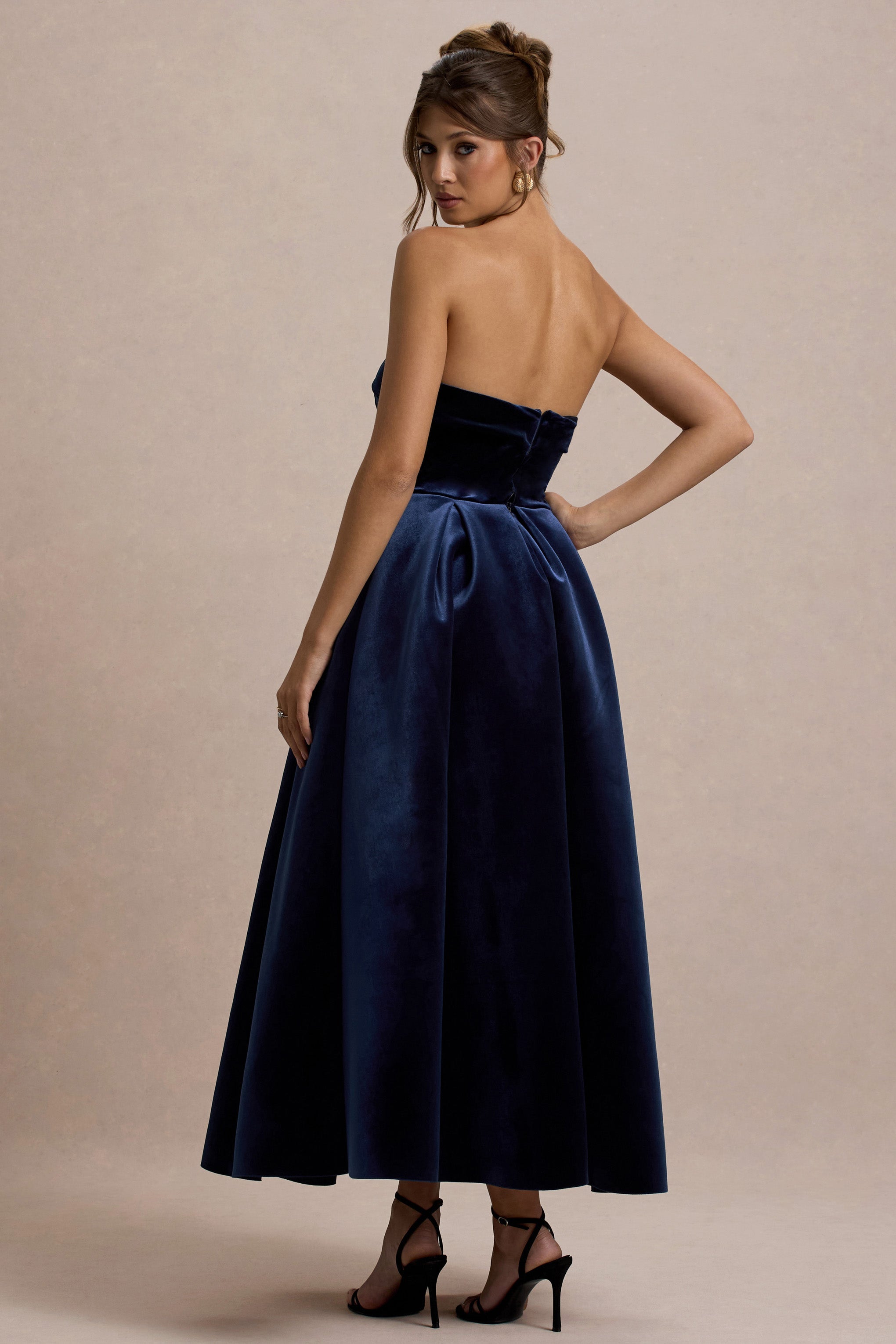 Addina | Navy Velvet Bandeau Skater Midi Dress