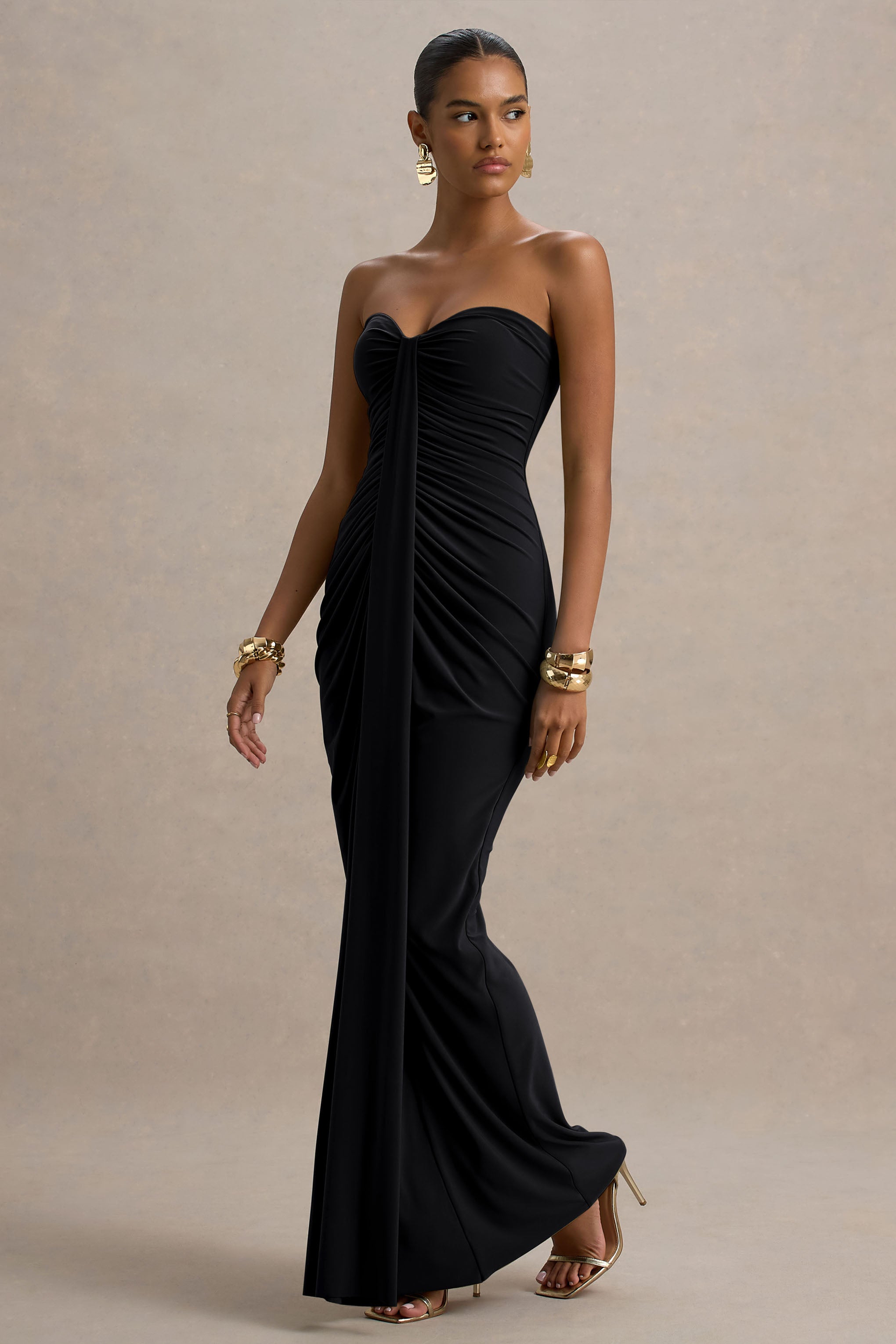 Ali | Black Sweetheart Ruched Wrap Maxi Dress
