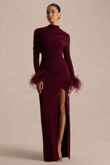 Gatsby | Burgundy High-Neck Maxi Dress With Feather Trim Cuffs