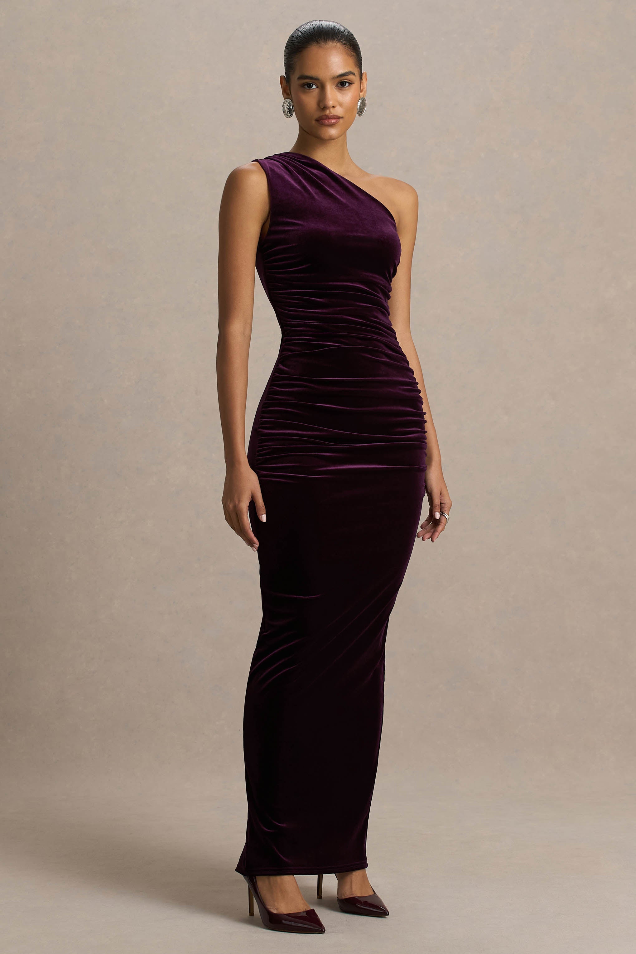 Treat | Burgundy Velvet Asymmetric-Neck Maxi Dress With Ruched Detailing.