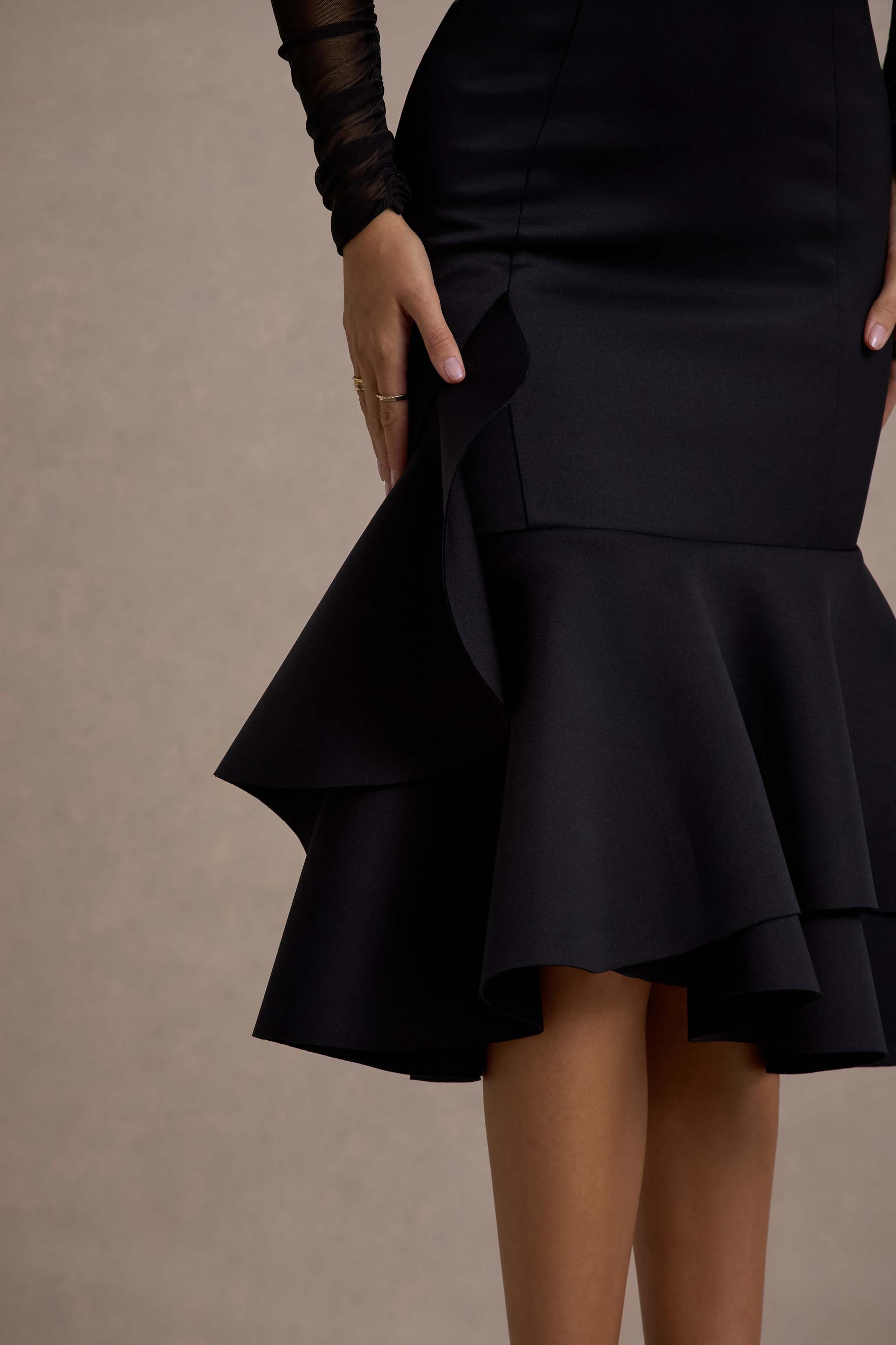 Sander | Black Mesh Long-Sleeve Ruffle-Hem Midi Dress