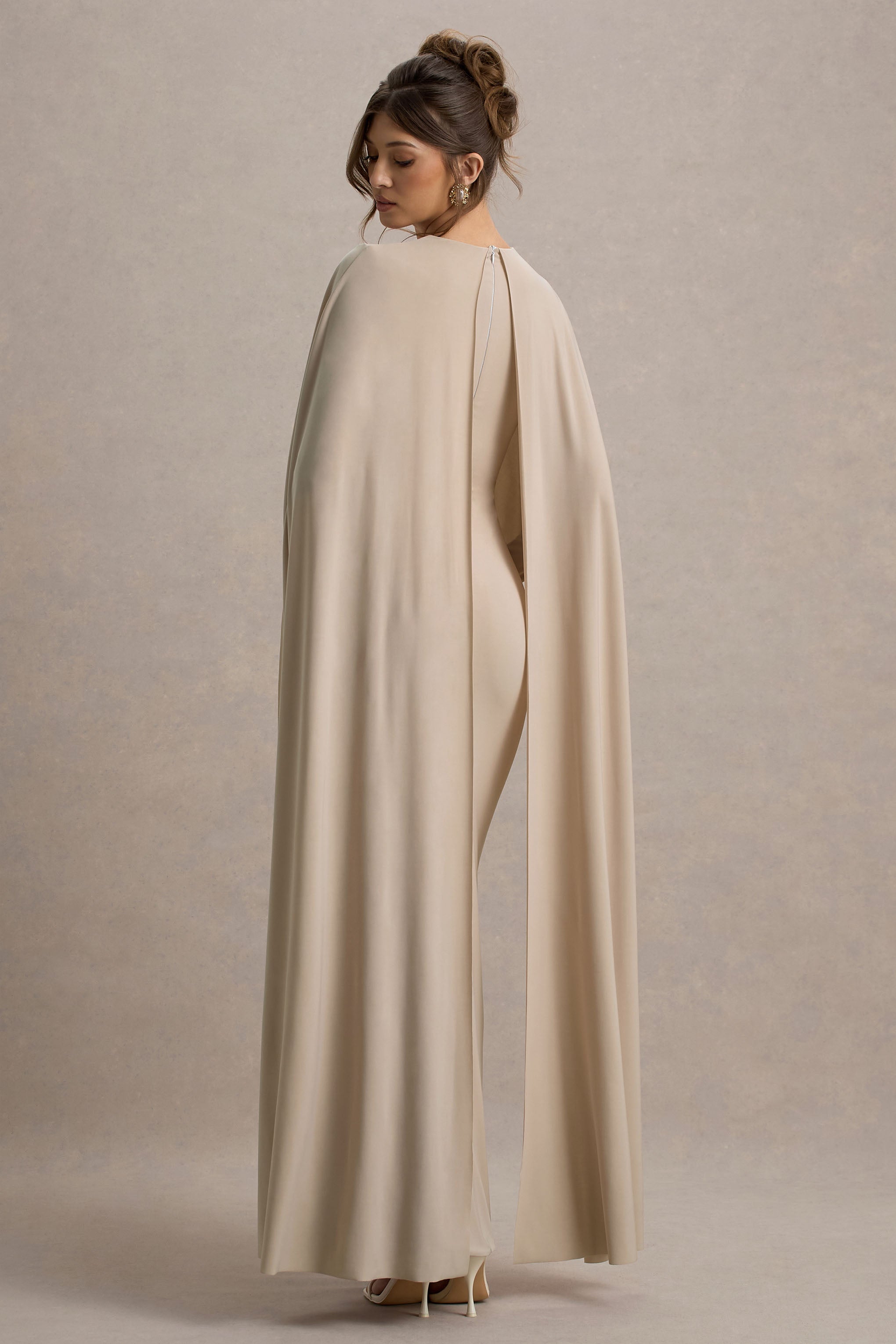 Belinda | Champagne Draped Maxi Dress With Cape Sleeves