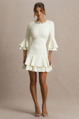 Mirna | Burgundy Crew-Neck Mini Dress With Bell Sleeves And Ruffled Detailing