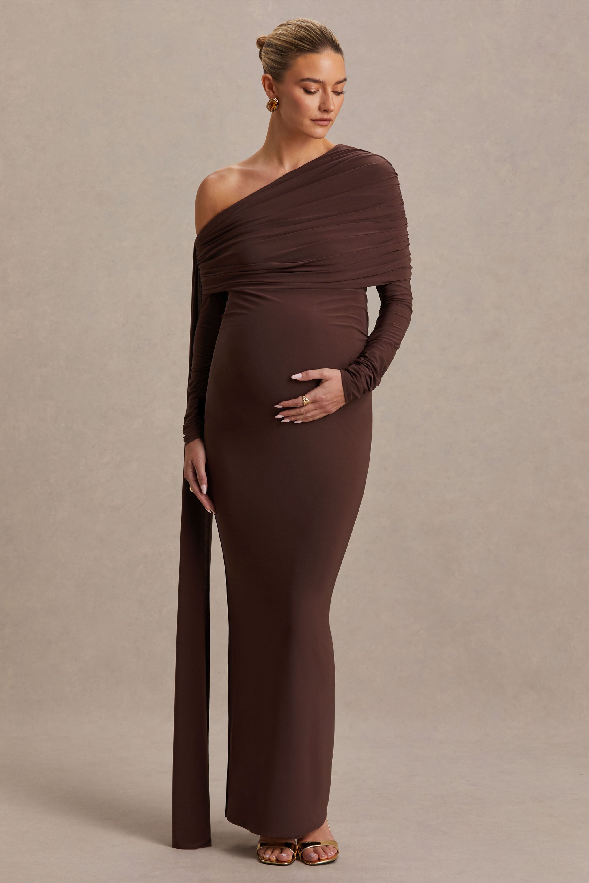 Cyra | Brown Bardot-Neck Maternity Maxi Dress With Sash