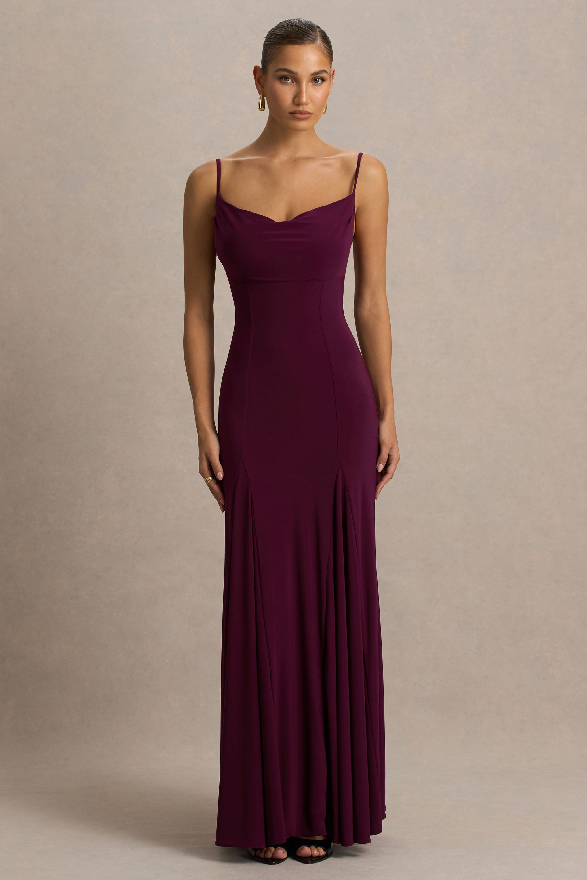 Gabbie | Burgundy Cowl-Neck Maxi Dress With Mesh Back Detail