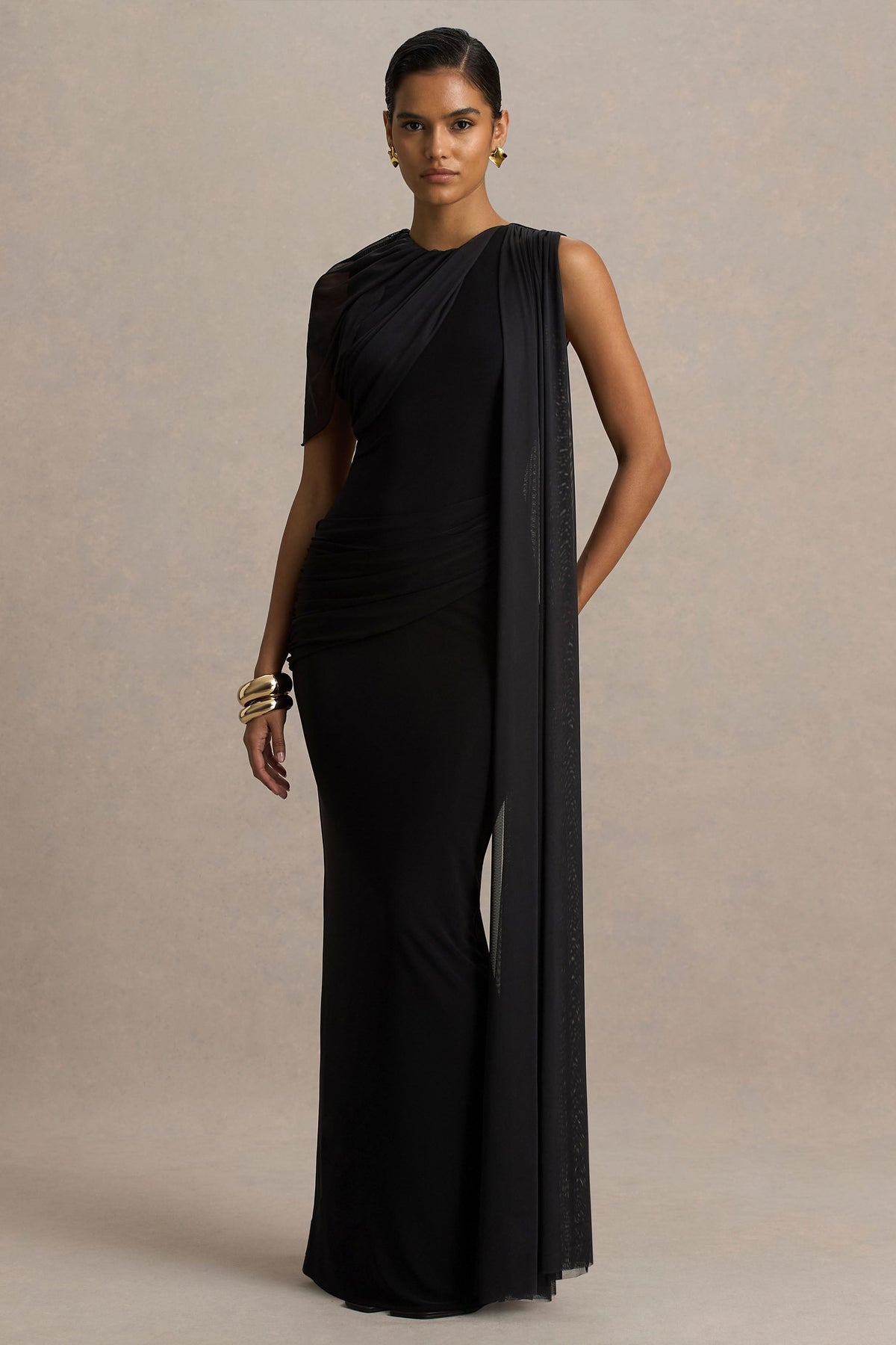 Brenda | Black Crew-Neck Maxi Dress With Mesh Cape And Sash