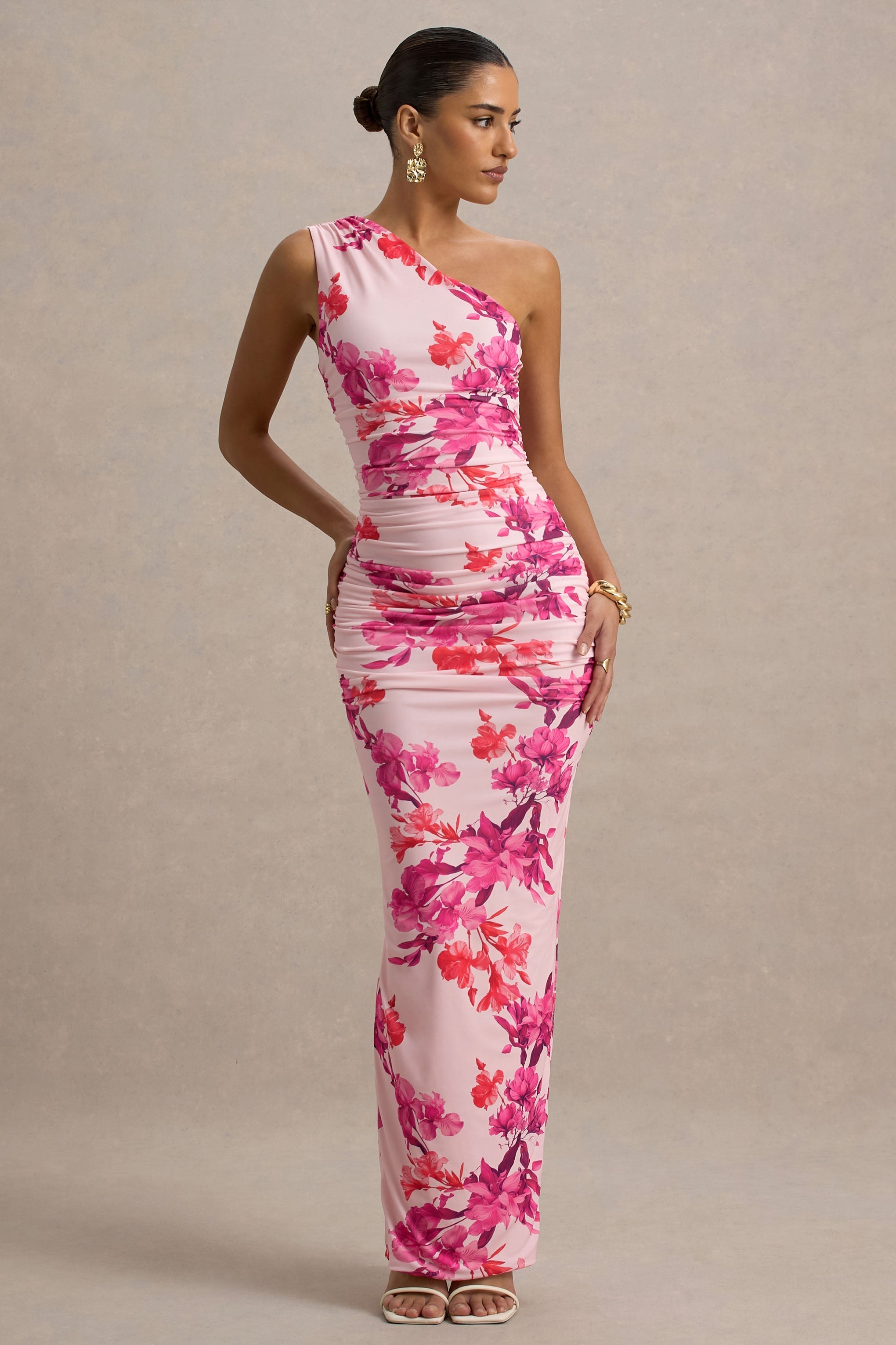 Dalarie | Pink and Orange Floral Print One-Shoulder Gathered Maxi Dress
