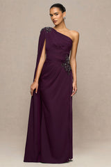 Solace | Dark Plum Asymmetric-Neck Maxi Dress With Front-High Split