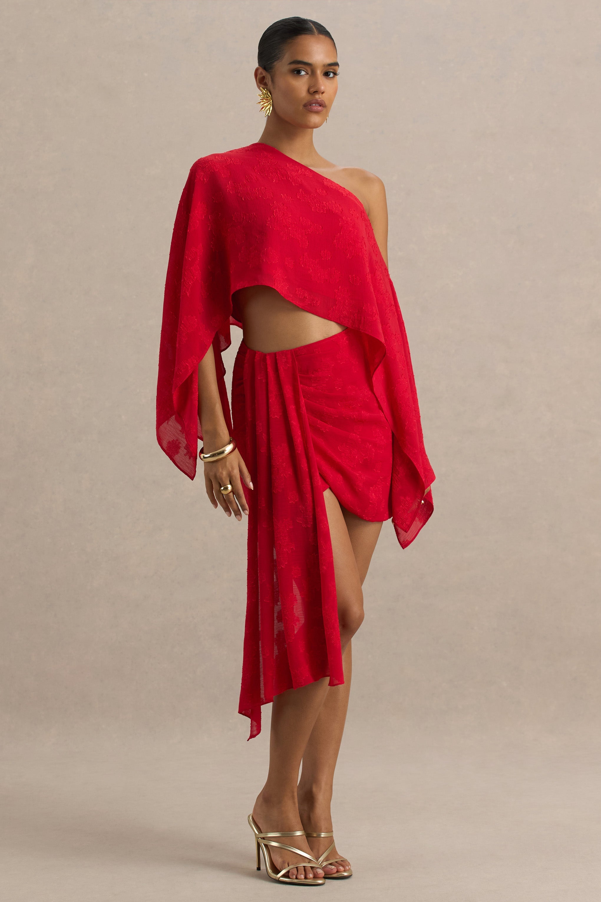 Melania | Red Satin Devore Wrap Mini Skirt With Sash Detail