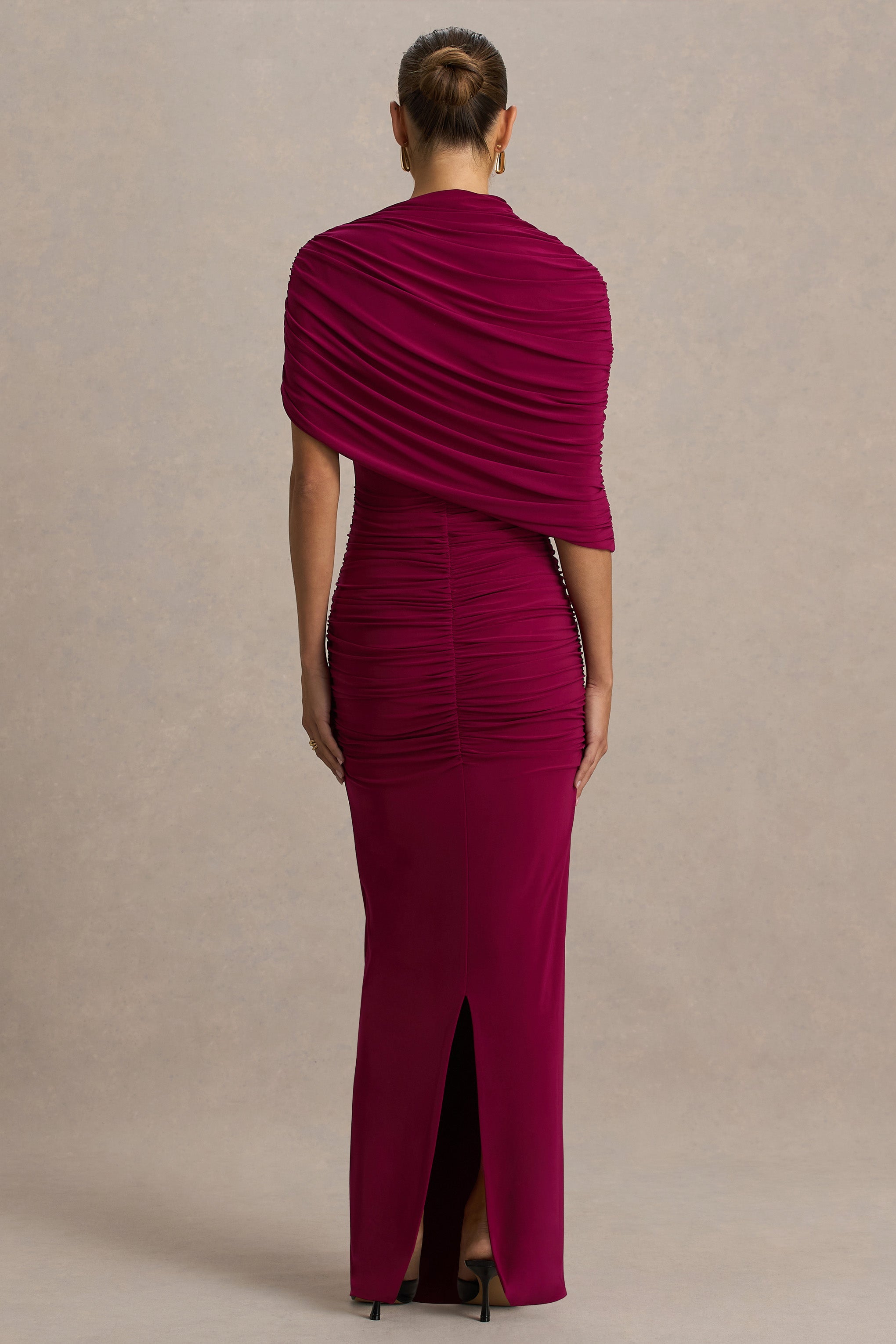 Glitz | Burgundy High-Neck Maxi Dress With Cape Sleeve and Ruched Detailing