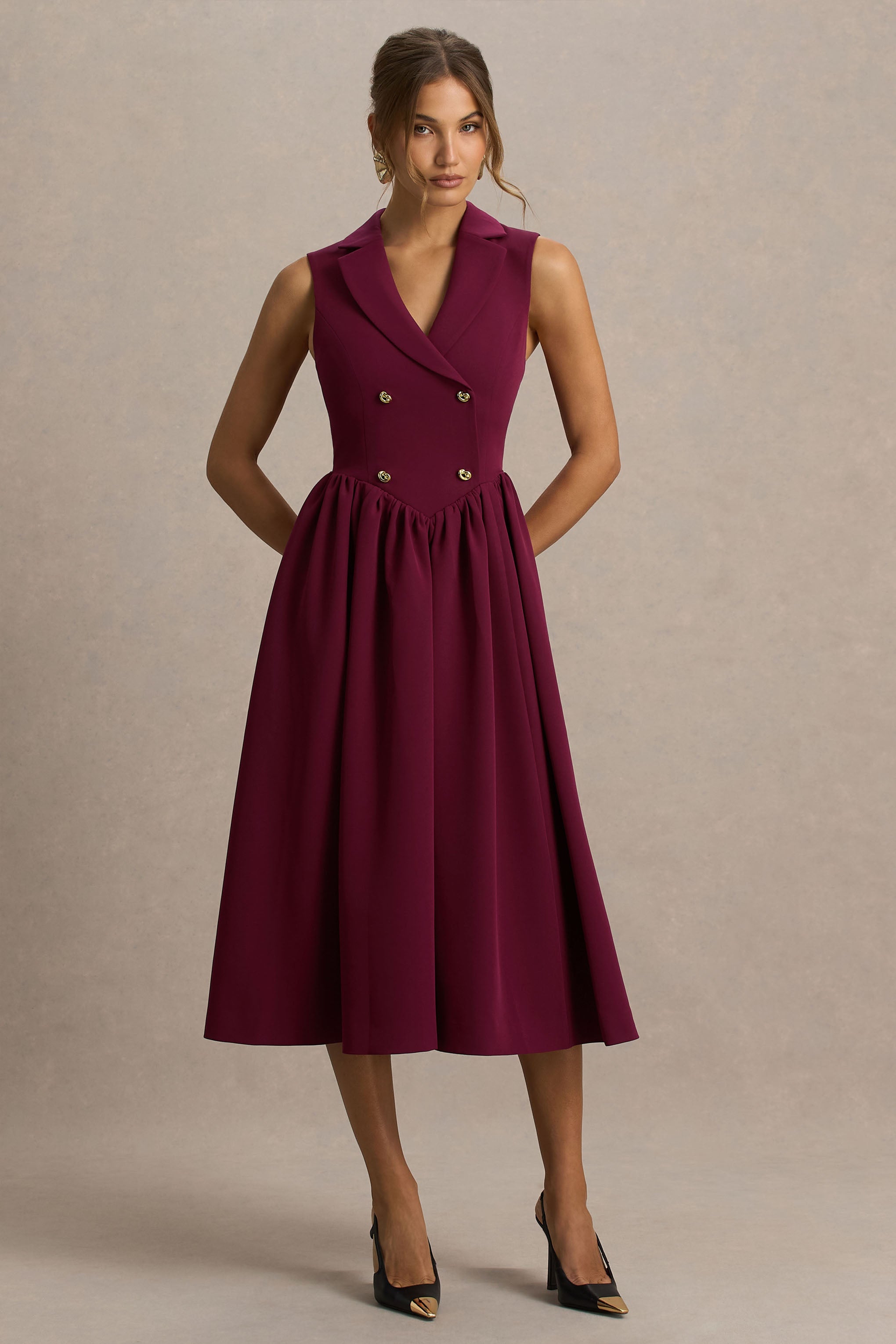 Lisa | Burgundy Plunge-Neck Tailored Midi Dress With Button-Detailing