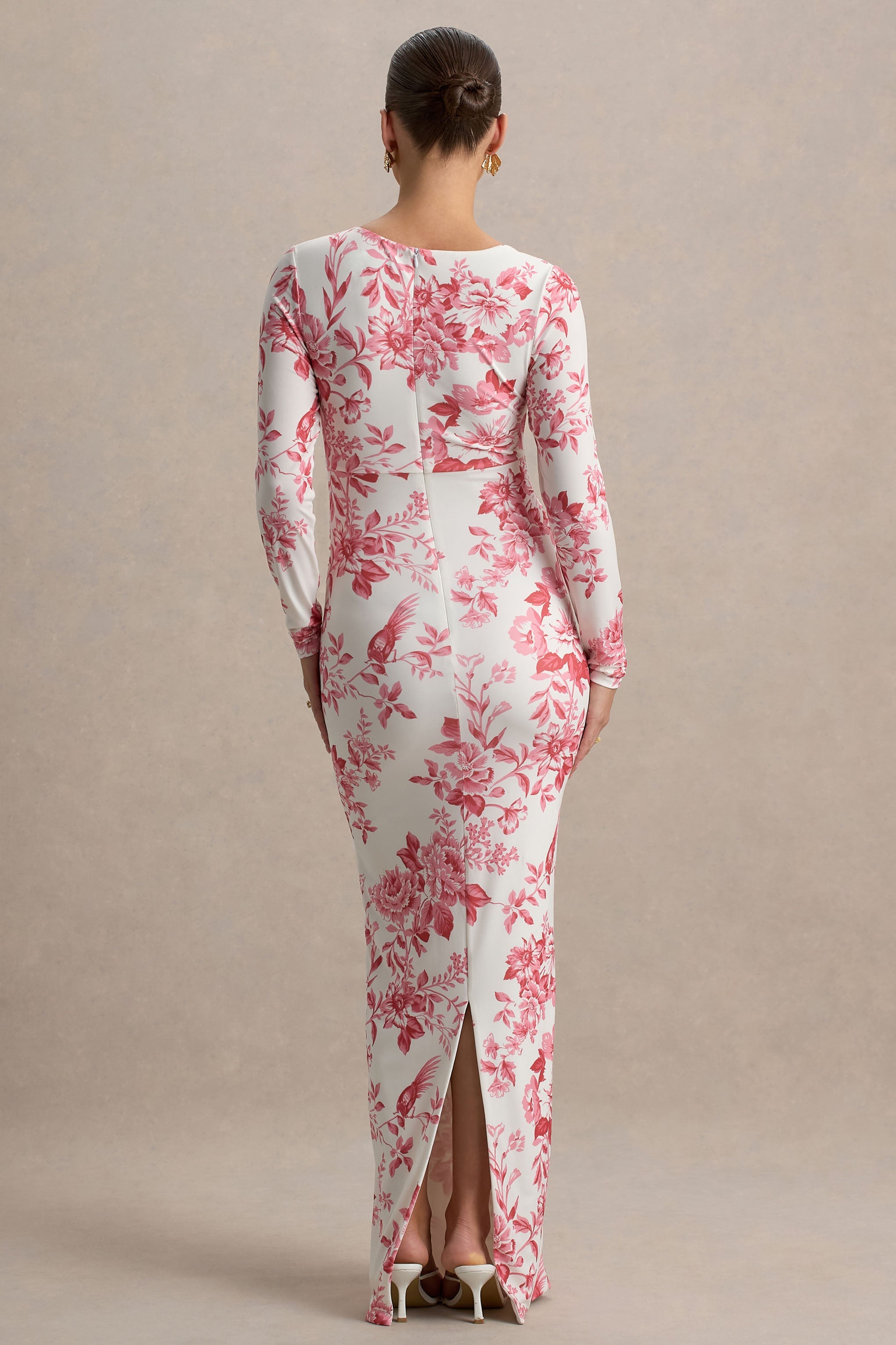 Vanette | Pink Floral Print Asymmetric Long-Sleeve Maternity Maxi Dress