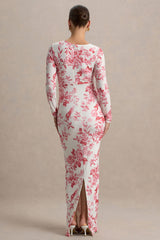 Vanette | Pink Floral Print Asymmetric Long-Sleeve Maternity Maxi Dress