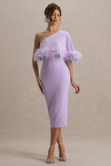 Victory | Lilac One Shoulder Midi Dress With Feather Trim