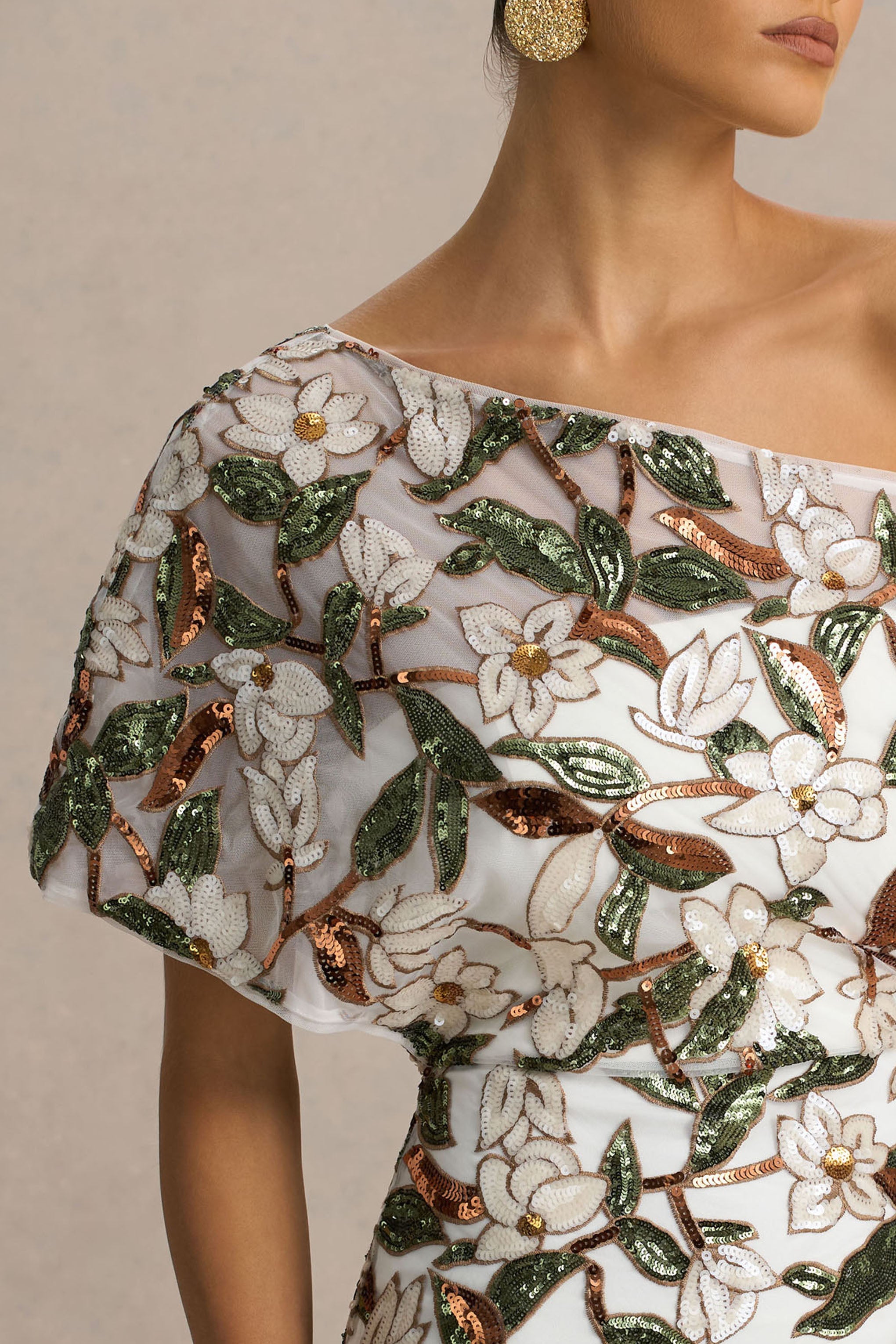 Iony | White And Green Embellished Sequin Floral And Mesh Asymmetric-Neck Maxi Dress