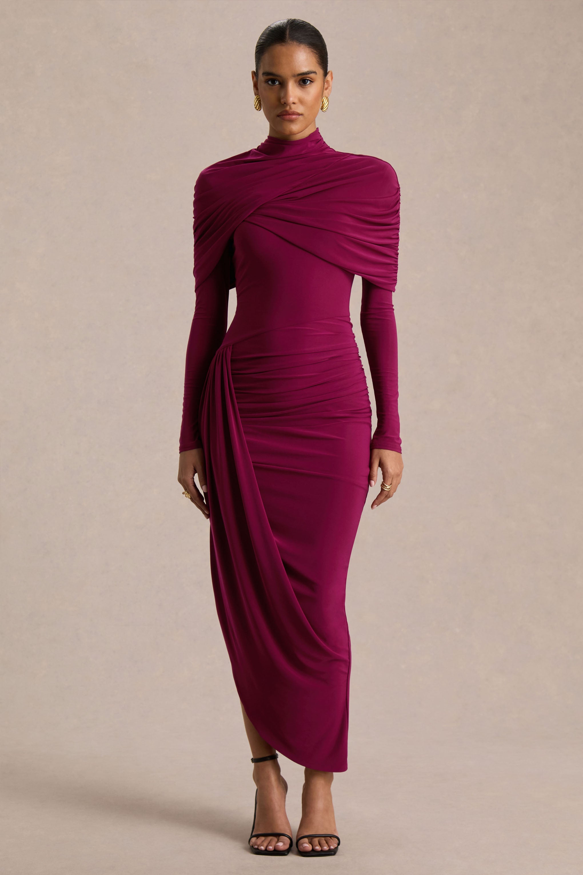 Aneira | Burgundy High-Neck Maxi Dress With Cape Sleeves