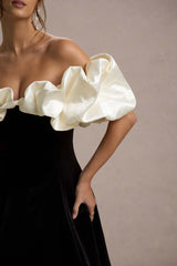 Brynne | Black & Cream Velvet Mini Dress With Satin Puff Sleeves