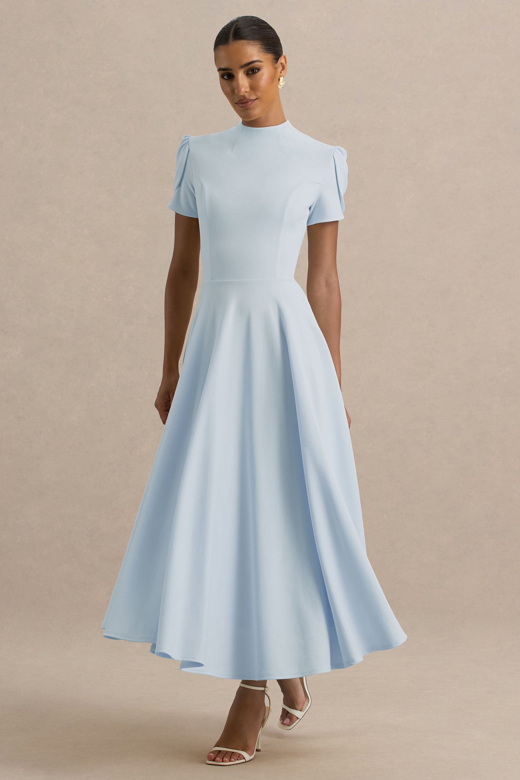 Vicky | Powder Blue High Neck Midi Dress With Puff Sleeves