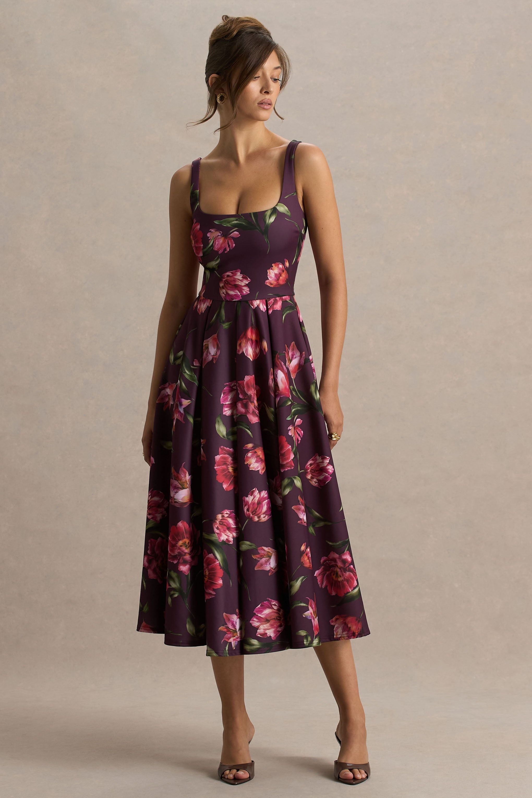 Berta | Burgundy Floral Print Square-Neck Midi Dress