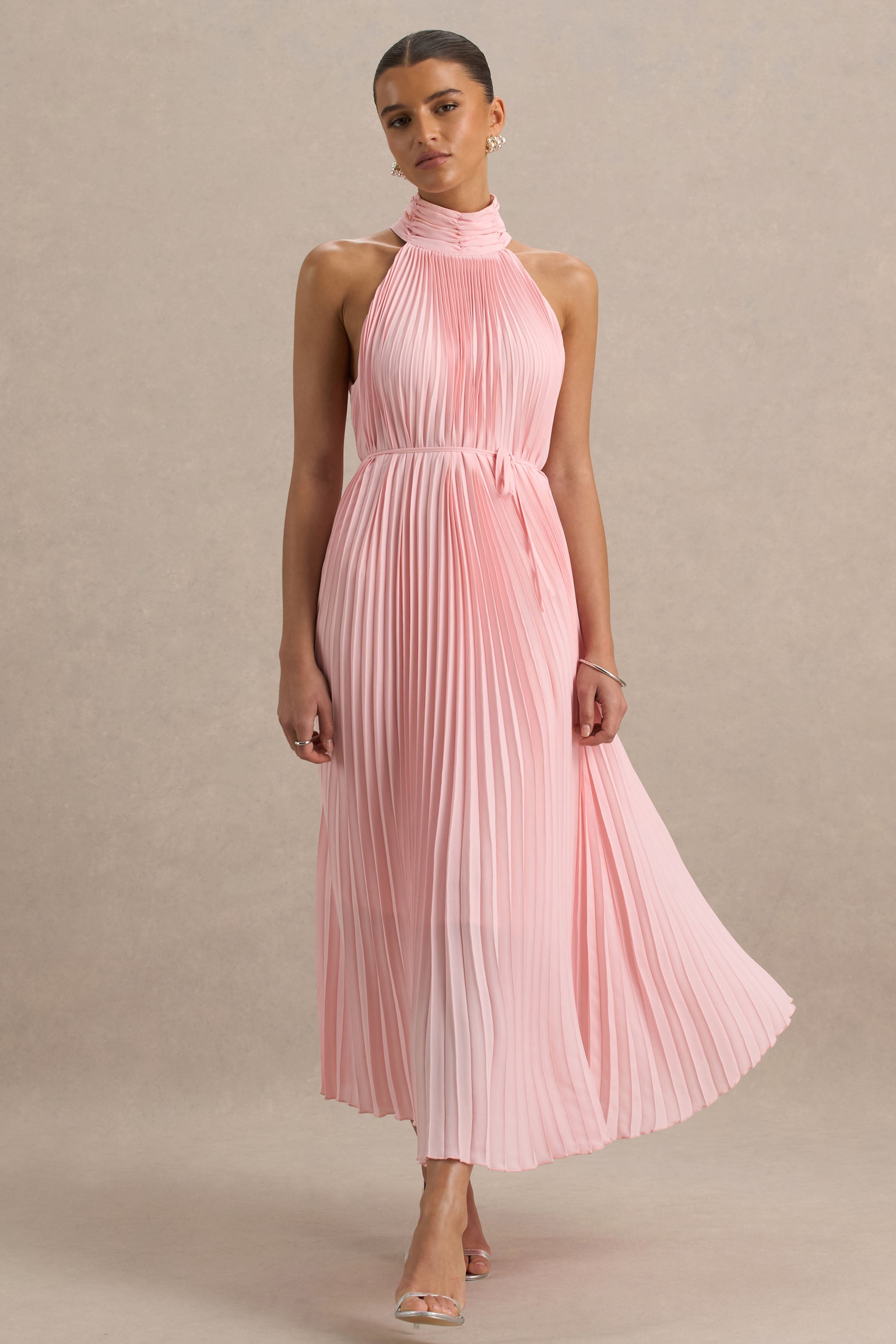 Tulip | Blush Pink Pleated High-Neck Midi Dress