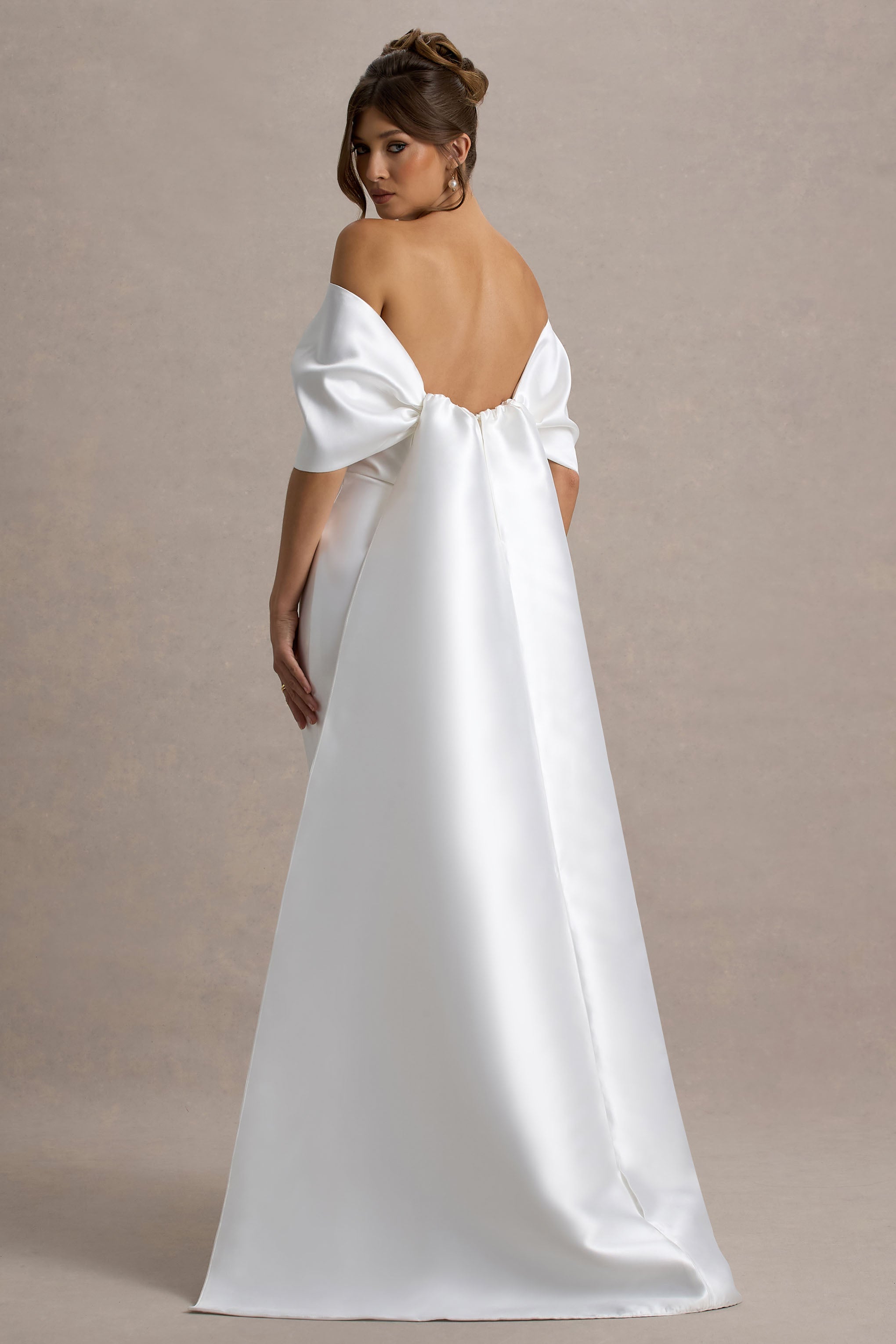 Wanting More | Off White Satin Cape Maxi Dress With Oversized Bow