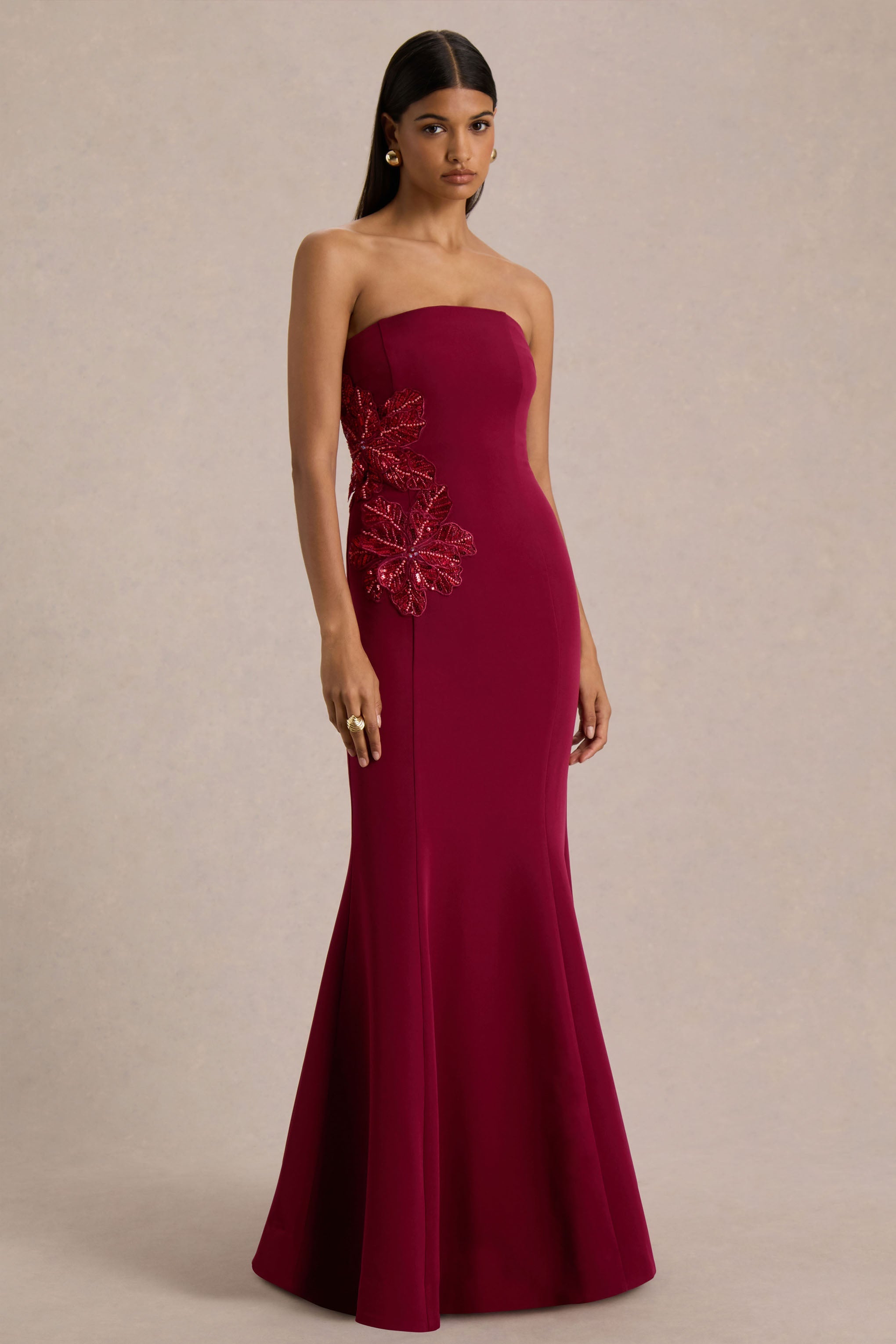 Aylana | Burgundy Bandeau Maxi Dress With Embellished Detail