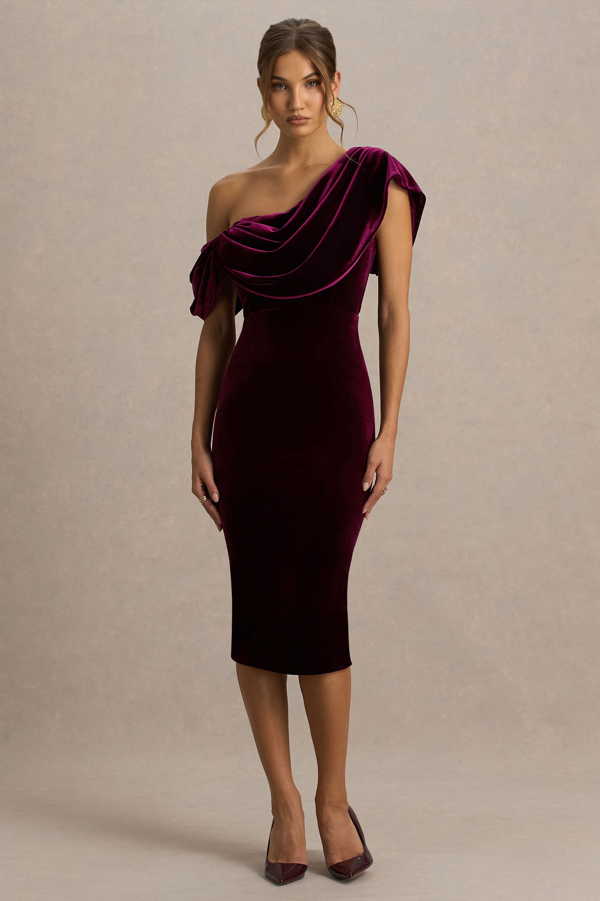 High End | Burgundy Velvet Asymmetric-Neck Midi Dress With Draped Detailing