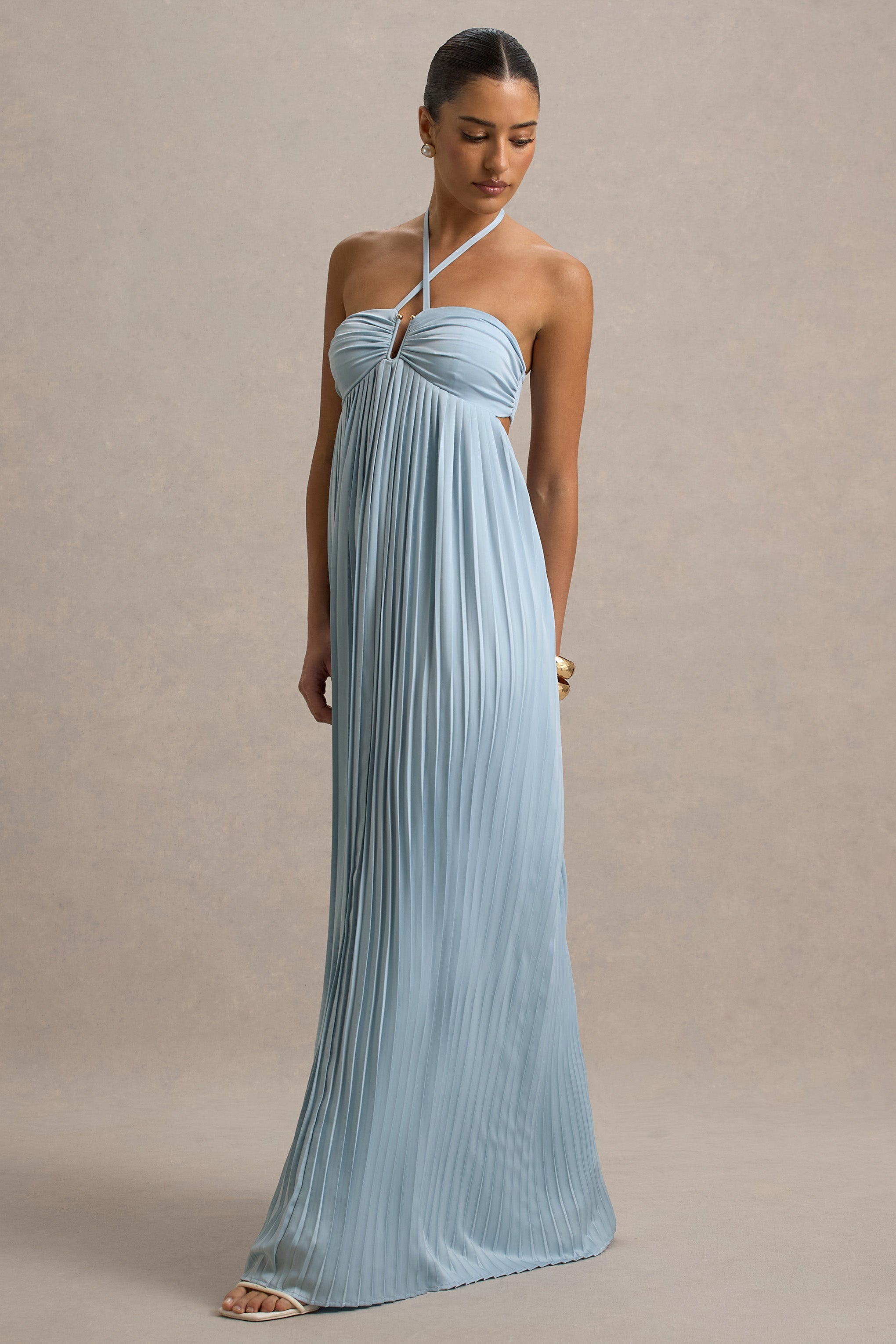 Elayne | Powder Blue Halter-Neck Maxi Dress With Cut-Out Detail