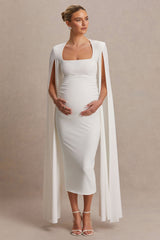 Flawless | White Square-Neck Maternity Midi Dress With Cape-Sleeves