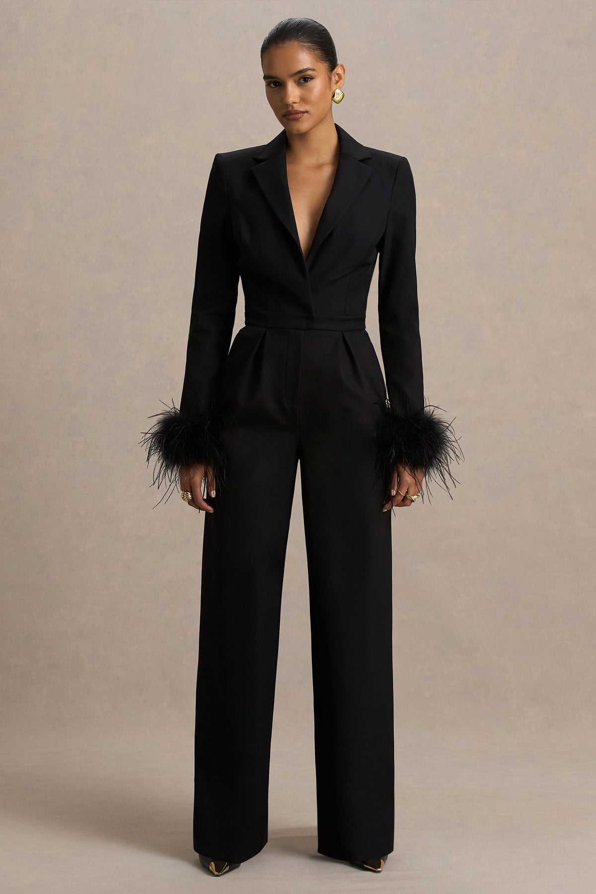 Lissy | Black Plunge-Neck Jumpsuit With Feather-Detailed Sleeves