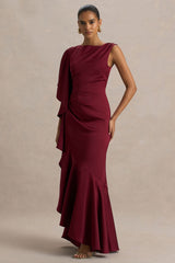 Rosy | Burgundy Satin Boat-Neck Maxi Dress With Front Split And Ruffled Detailing