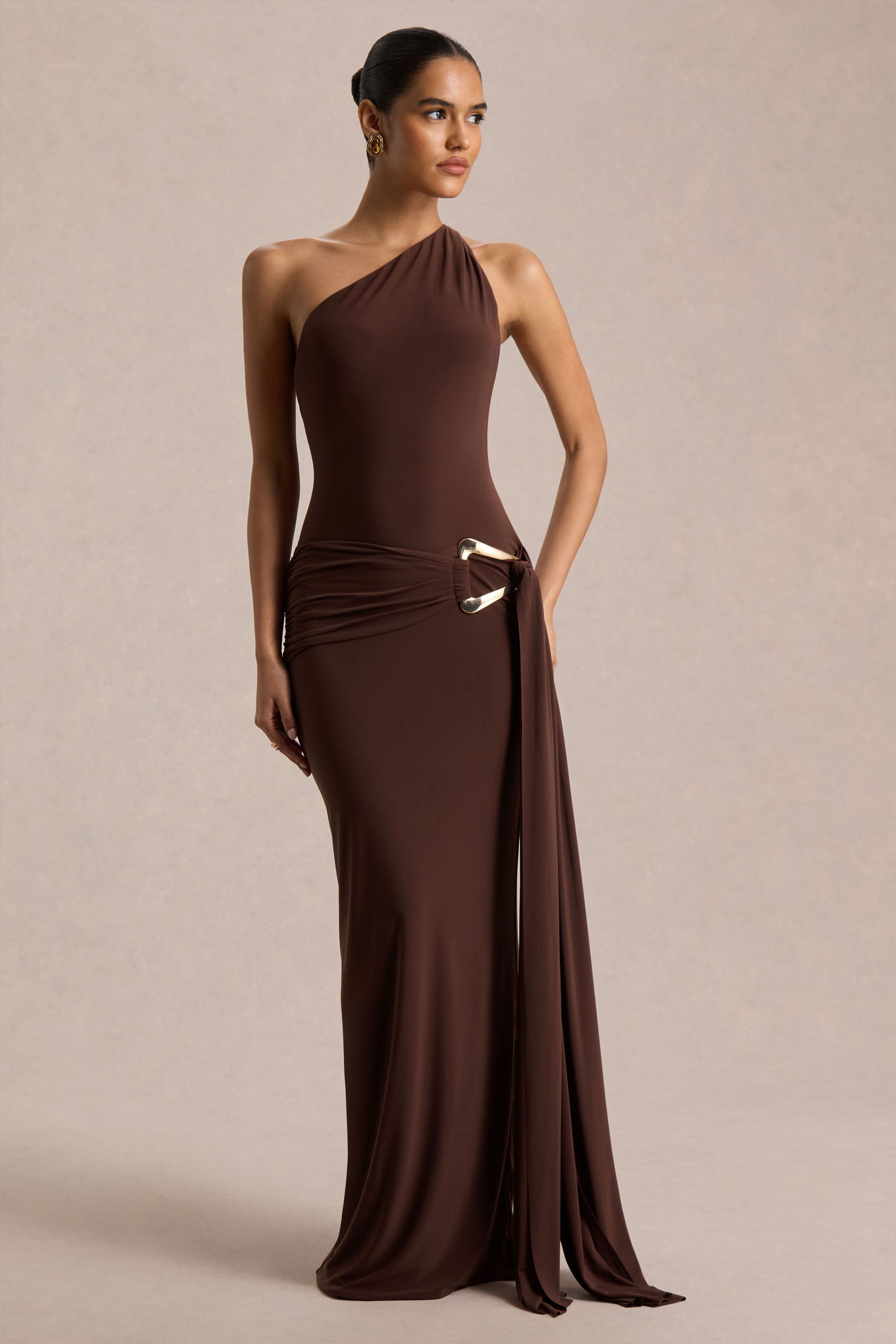 Bonnie | Brown Asymmetric-Neck Maxi Dress With Open-Back