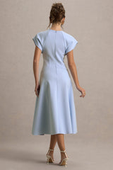 Linda | Powder Blue Crew-Neck Cap-Sleeve Midi Dress
