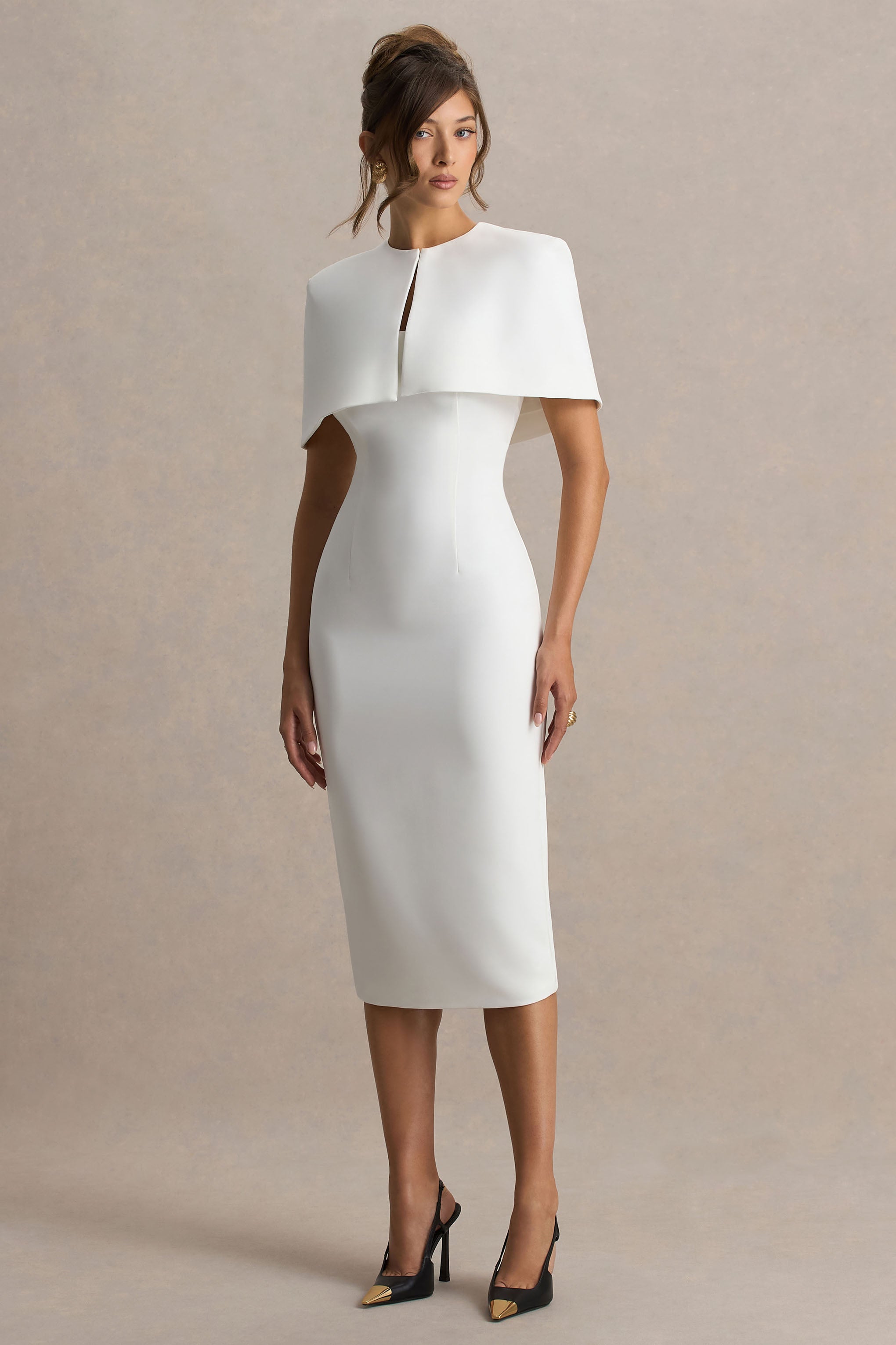 Baylor | White Midi-Dress With Removable Cape