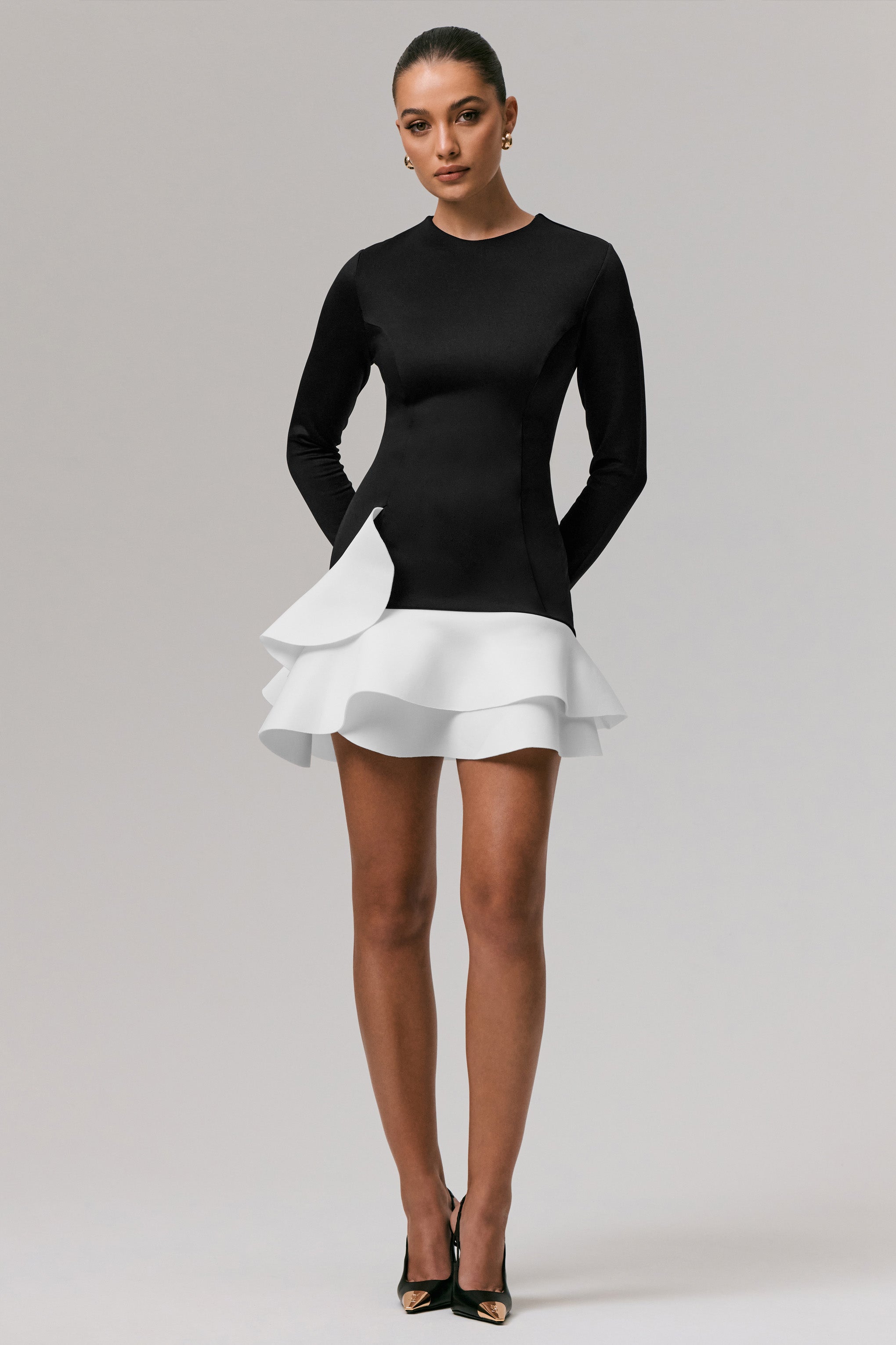 Lucinda | Black & White Long-Sleeve Mini Dress With Ruffle Hem