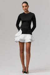 Lucinda | Black & White Long-Sleeve Mini Dress With Ruffle Hem