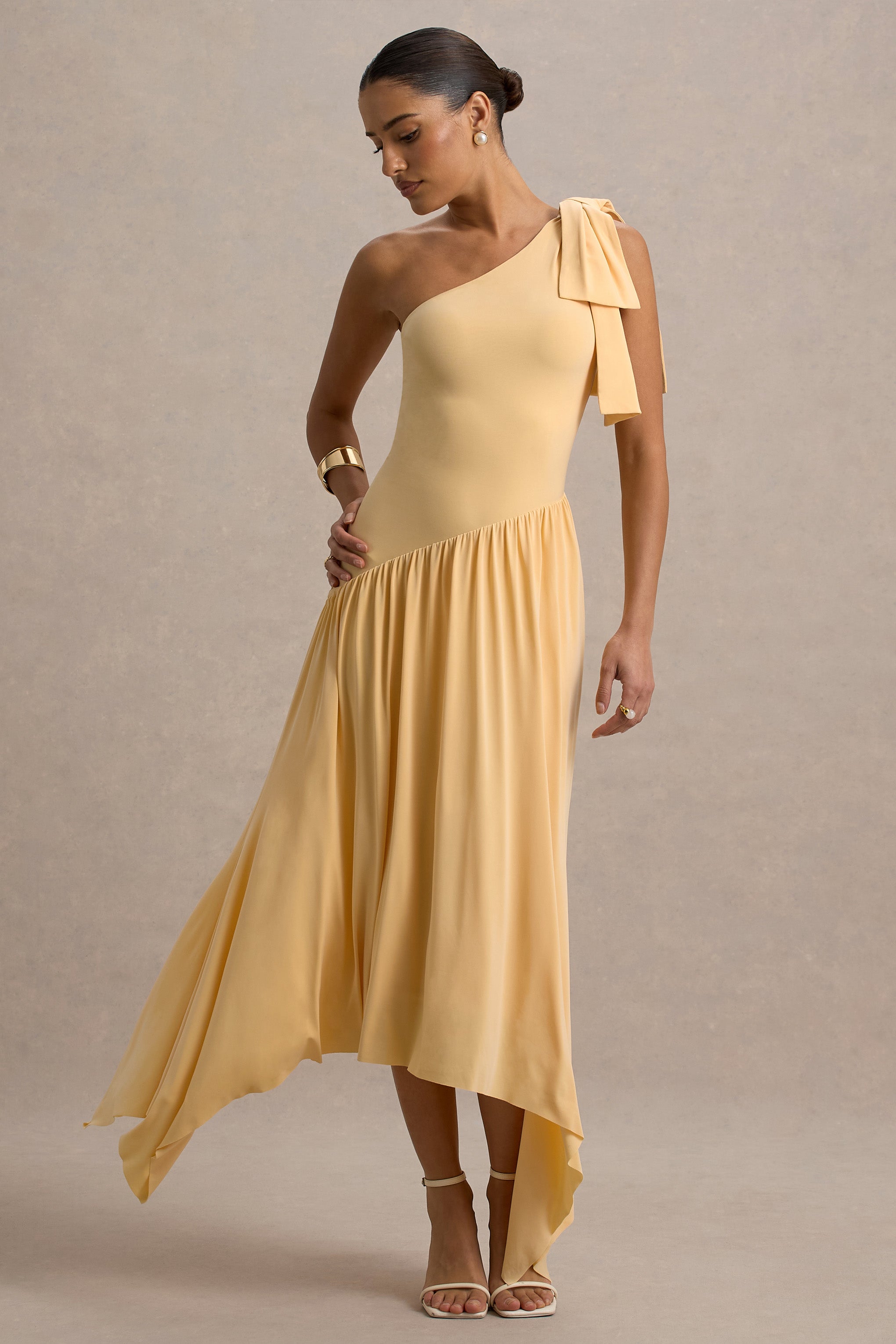 Lotus Love | Orange One-Shoulder Hanky-Hem Maxi Dress With Bow