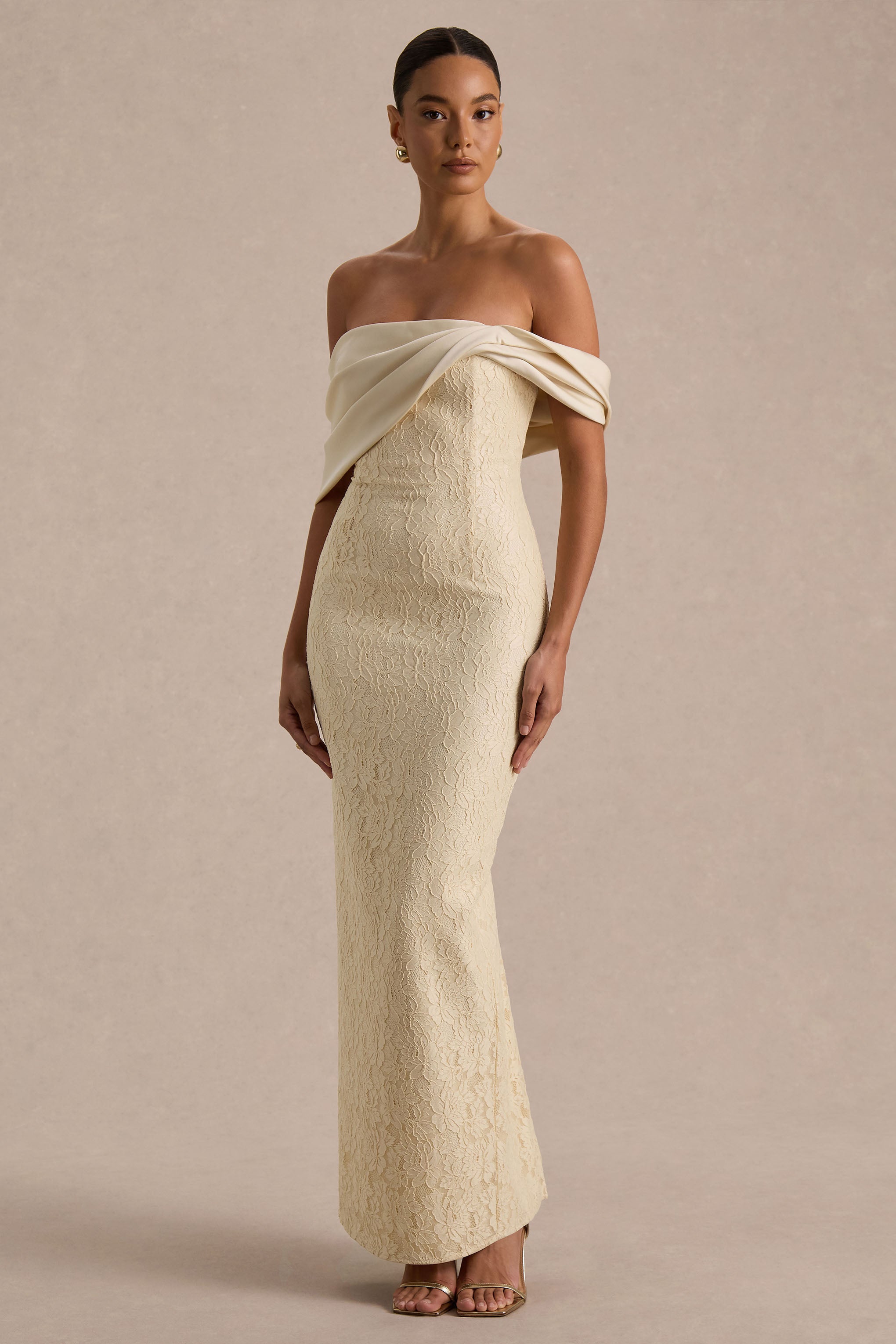 Solora | Cream Lace Twisted Bardot-Neck Maxi Dress