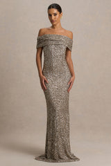 Melina | Champagne Sequin Bardot-Neck Maxi Dress