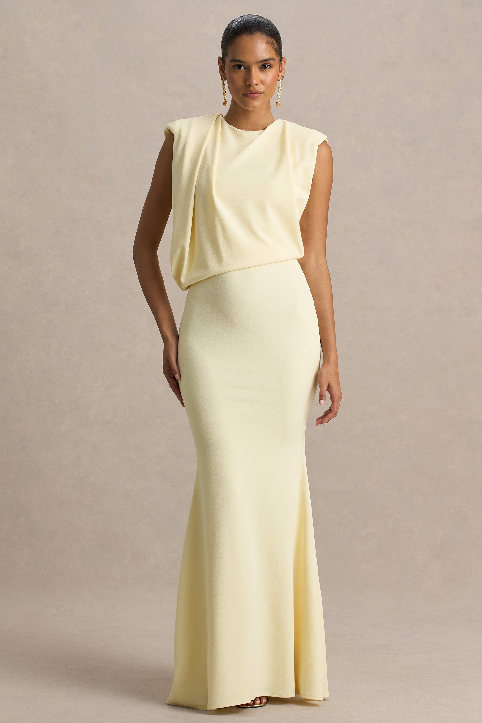 Meave | Lemon Boat-Neck Maxi Dress With Draped Detail
