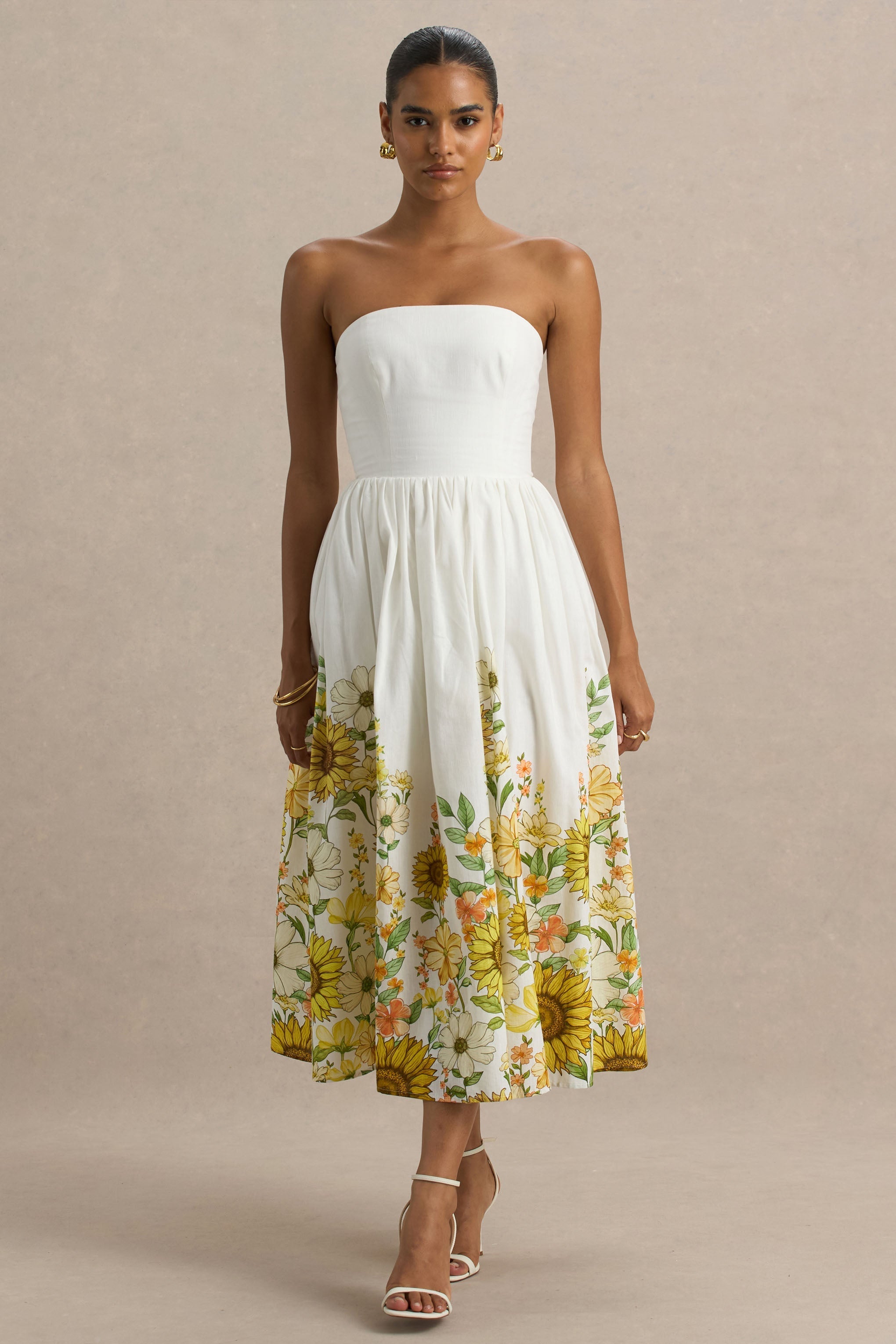 Ivory | Sunflower Print Bandeau High-Low Midi Dress